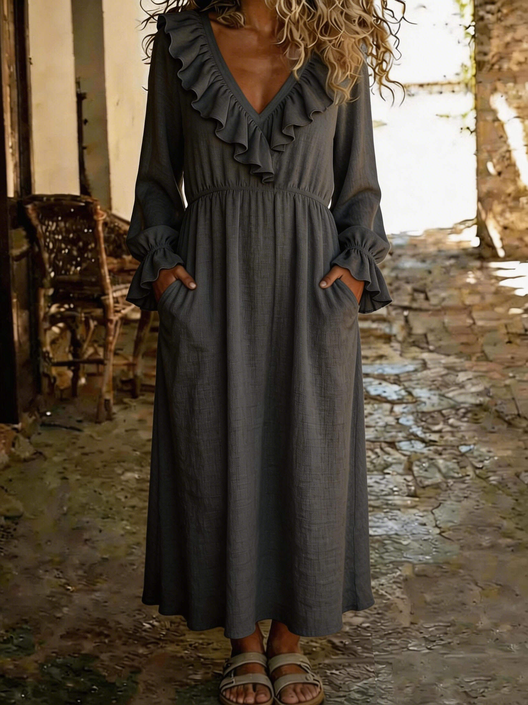 🔥Summer Arrivals🌟Women's Casual V-neck Ruffled Cotton Linen Dress