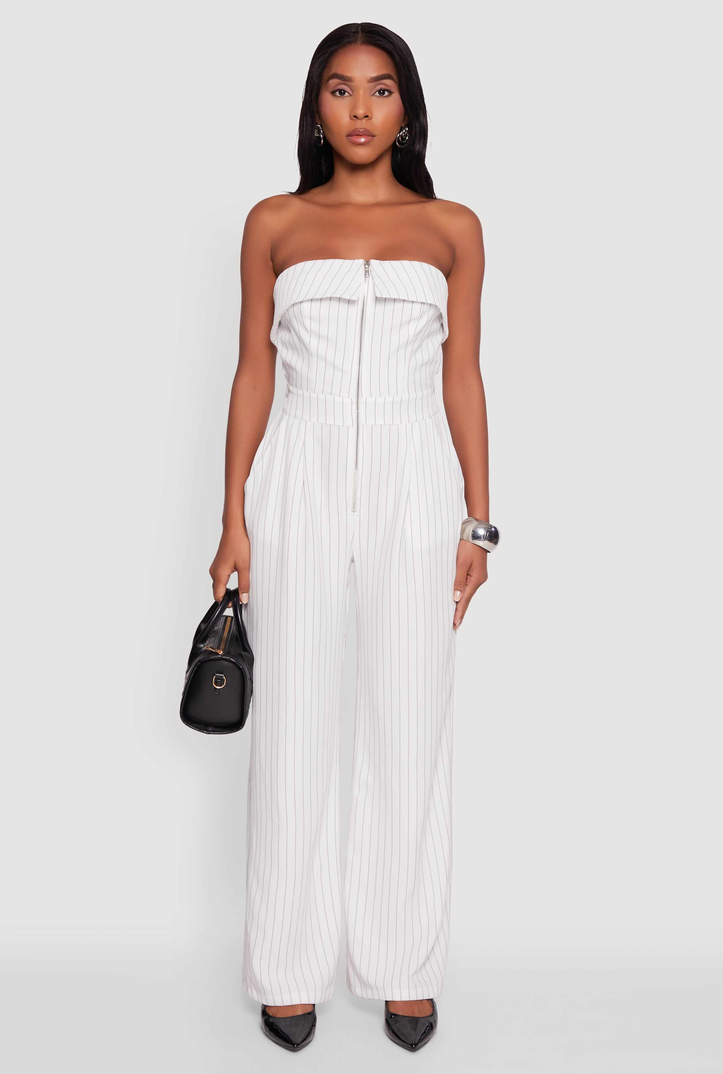 Pinstripe Fold Over Strapless Jumpsuit