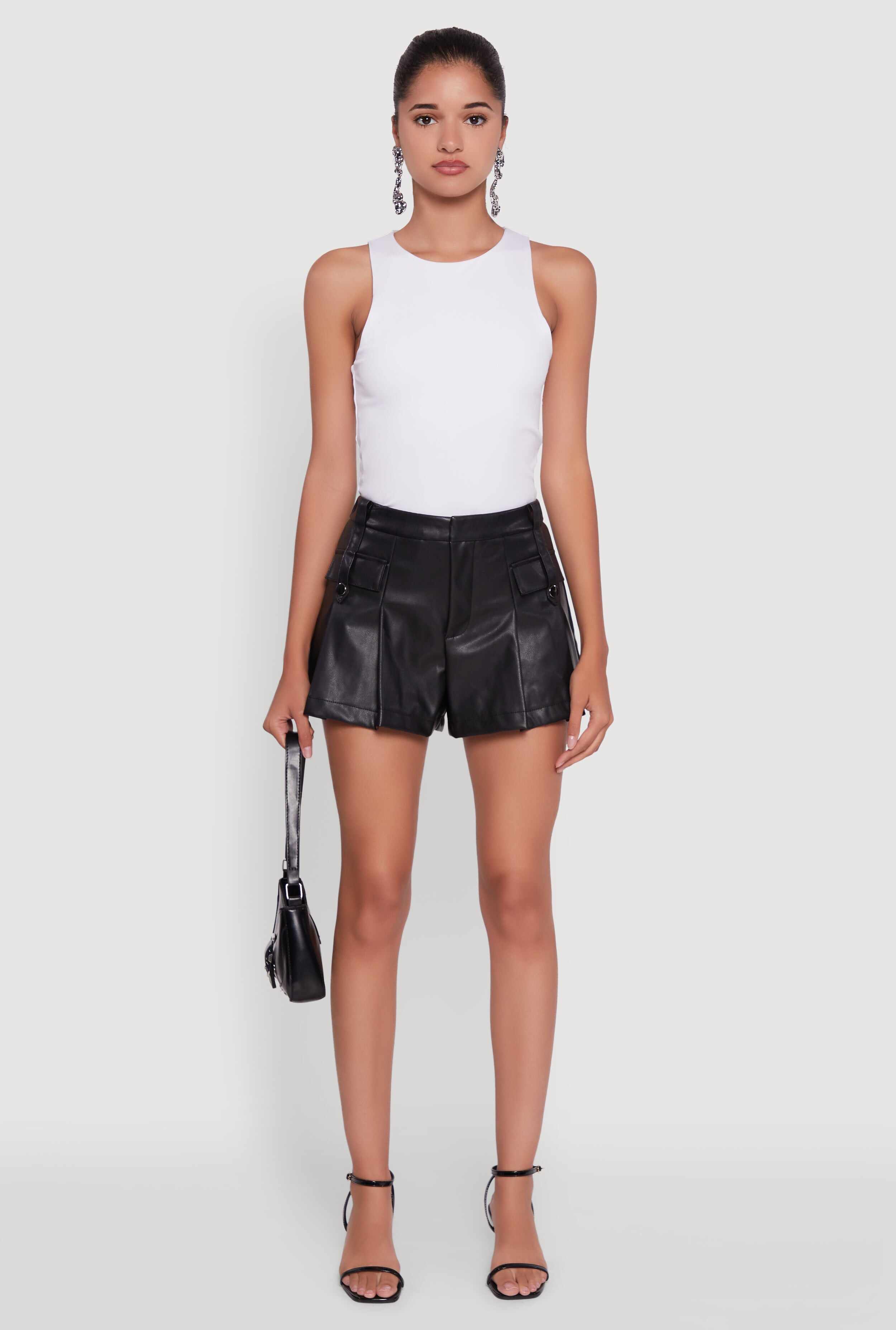 Faux Leather High Waisted Pleated Belted Shorts