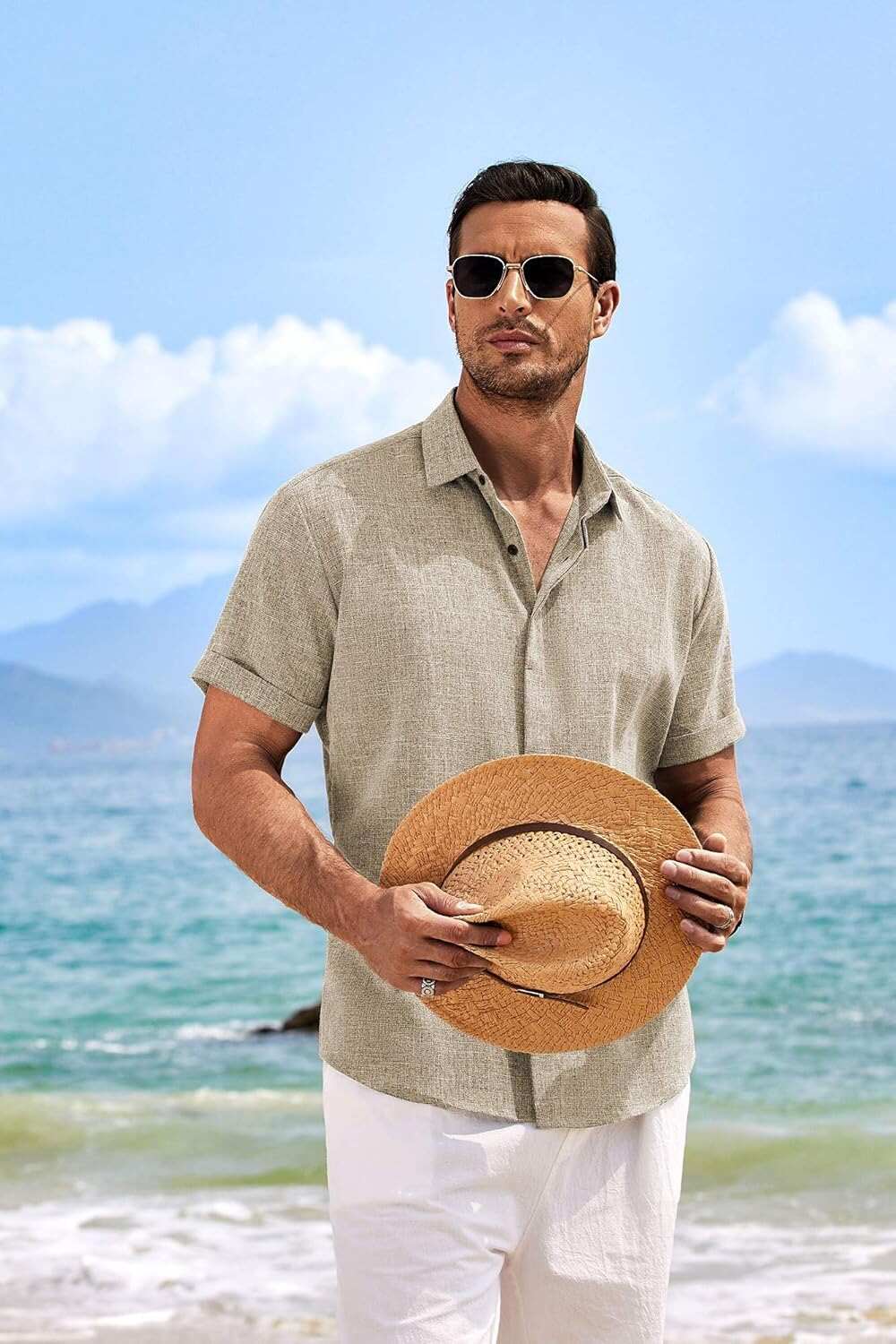 Men's Linen Shirts Short Sleeve Casual Shirts Button Down Shirt for Men Beach Summer Wedding Shirt