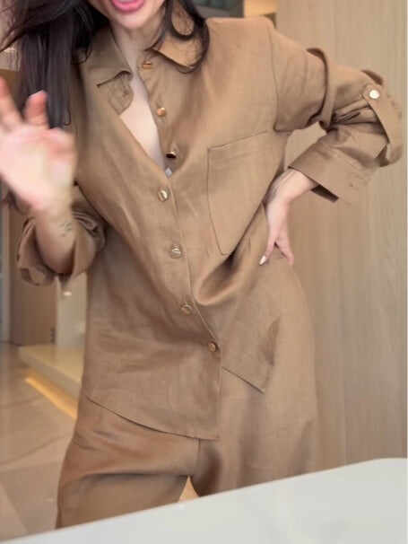 Brown long-sleeved shirt and trousers suit