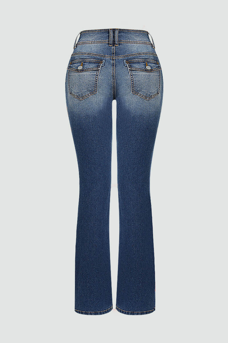 Washed Dual Button Flap Pocket Mid Waist Bootcut Jeans