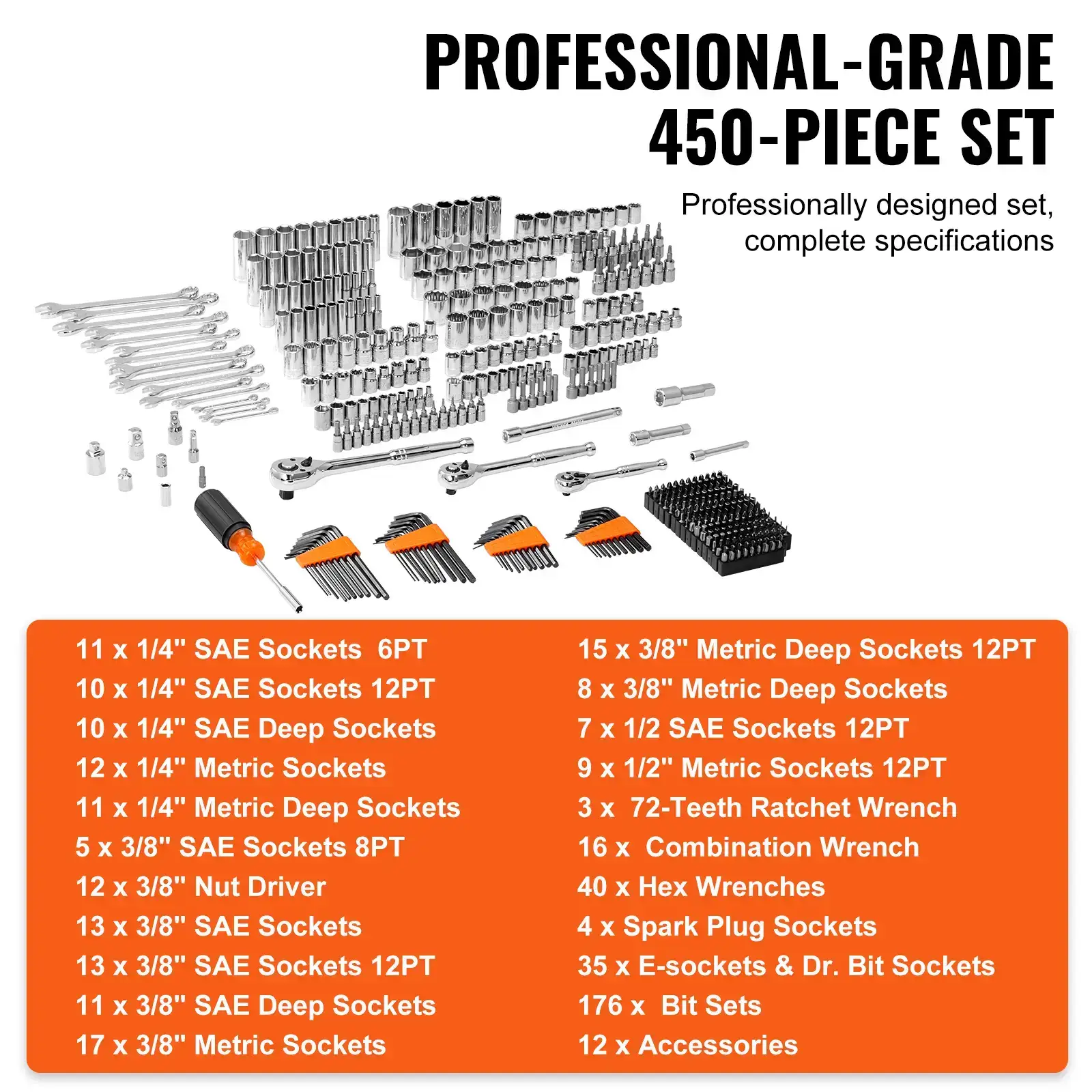 Heavy-Duty Tool Kits, 450-Pcs Automotive Tools Set with 1/4