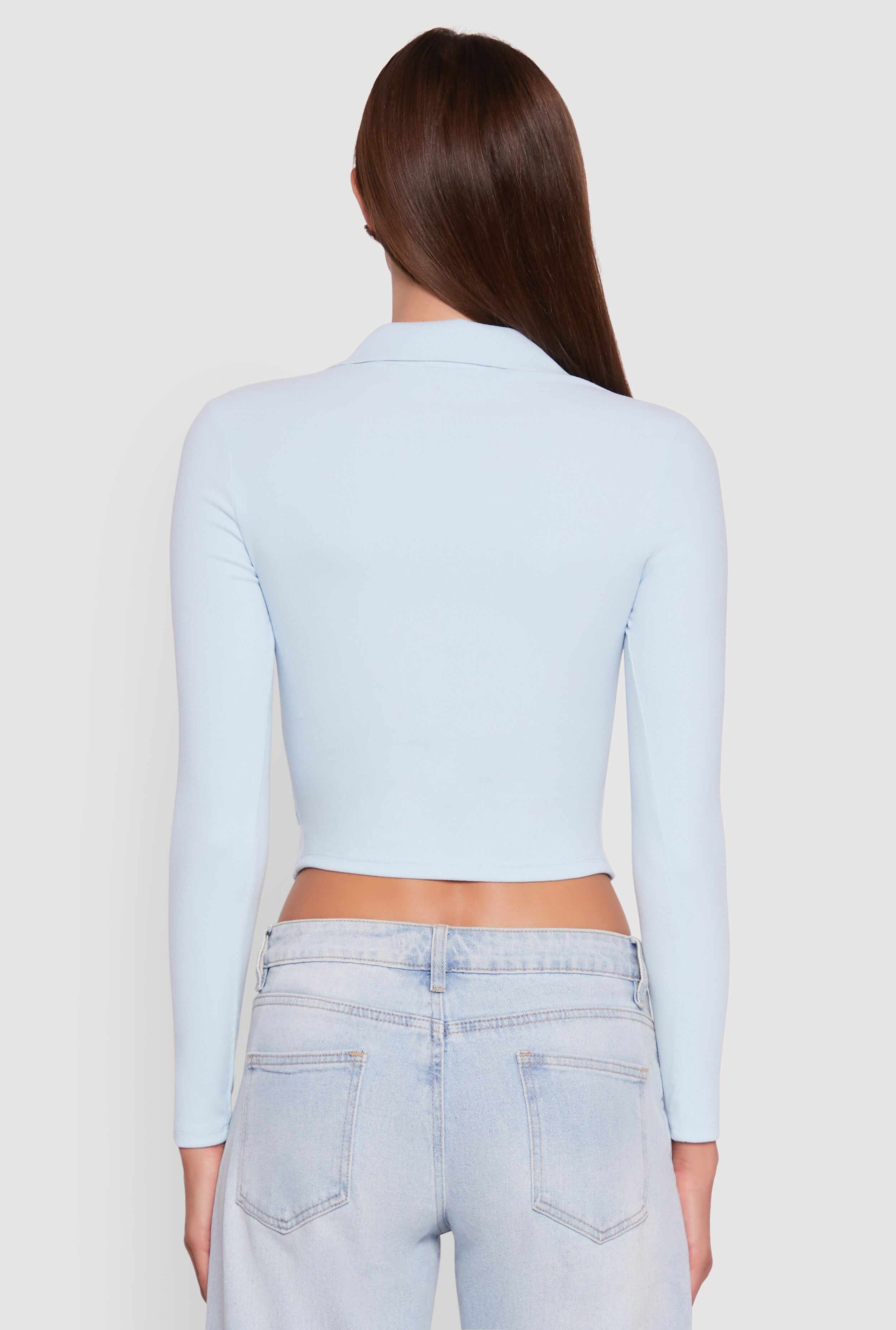 Long Sleeve Half Zip Cropped Polo Shirt