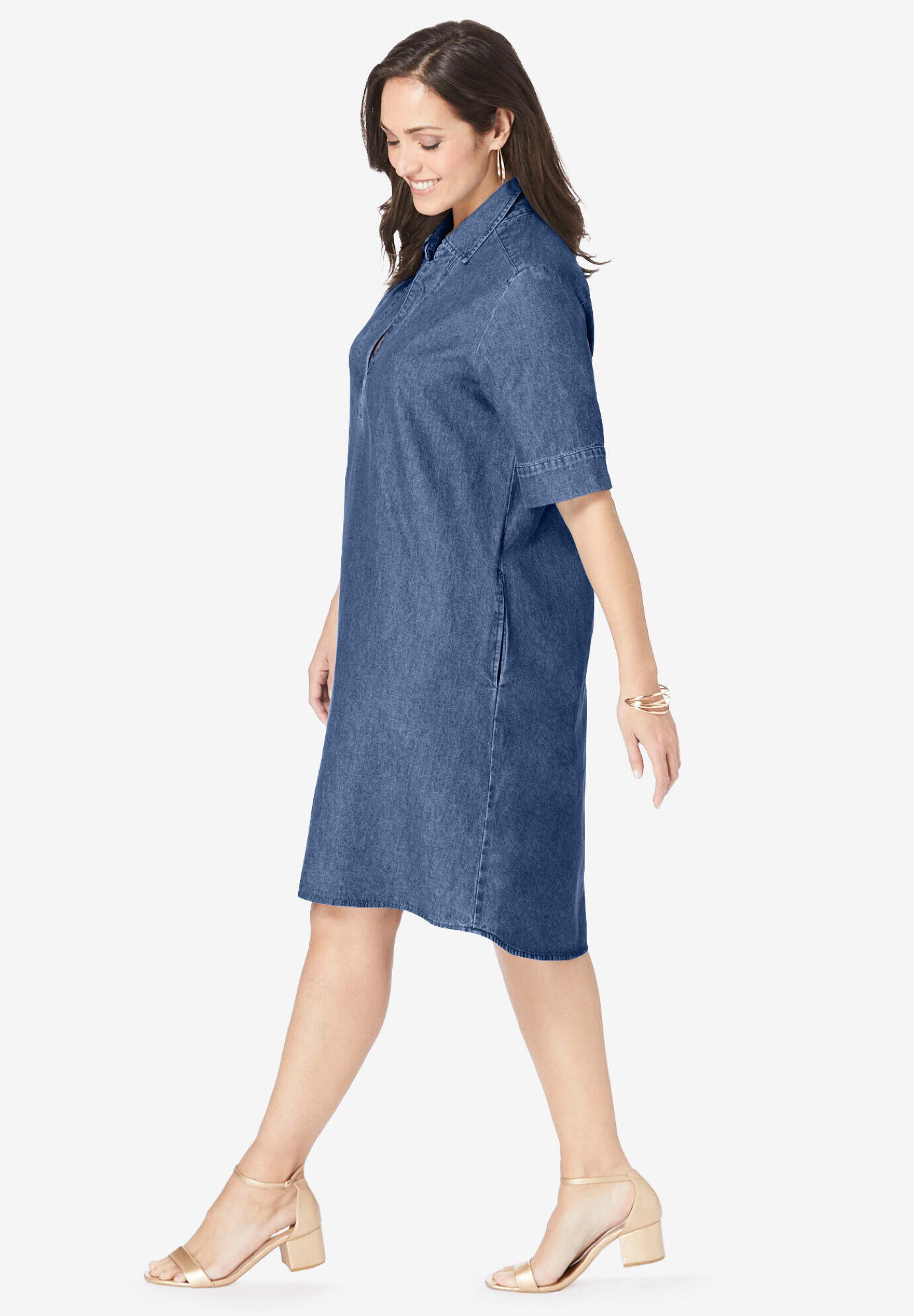 Cuff Sleeve Denim Shirtdress