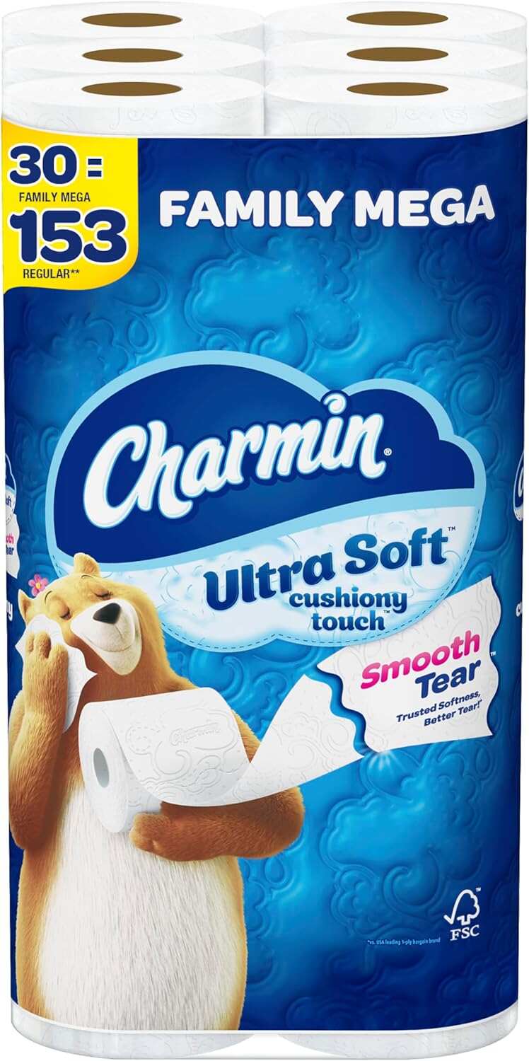 Charmin Ultra Soft Cushiony Touch Toilet Paper, 24 Family Mega Rolls = 123 Regular Rolls
