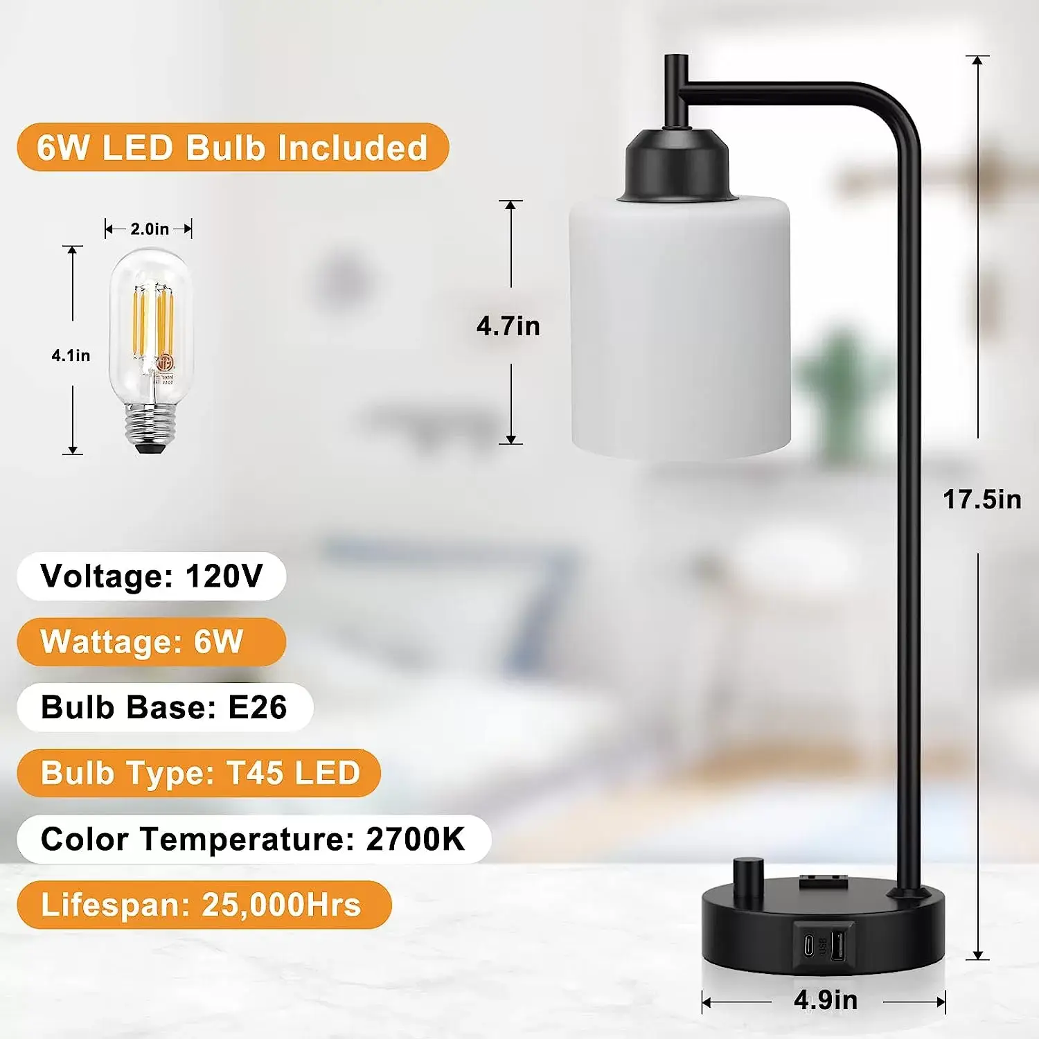 Industrial Bedside Table Lamp for Bedroom - Nightstand Lamps with USB C Charging Port, Fully Dimmable Black Lamps with USB Ports and Outlets, Small Desk Lamp with Glass Shade for Office Living Room