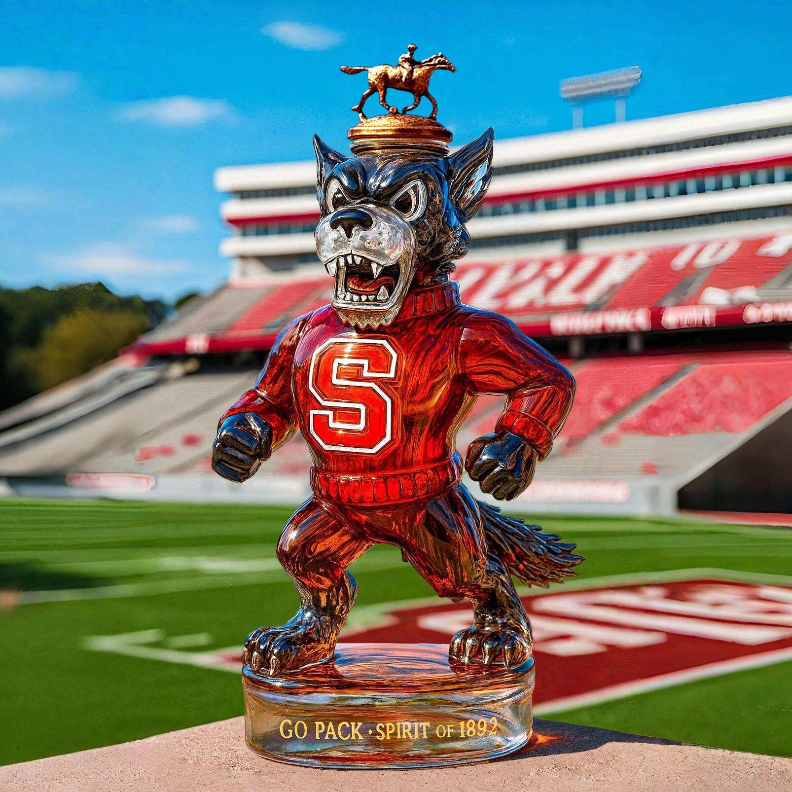 Wolfpack Spirit NCSU Tuffy Whiskey Sculpture Bottle