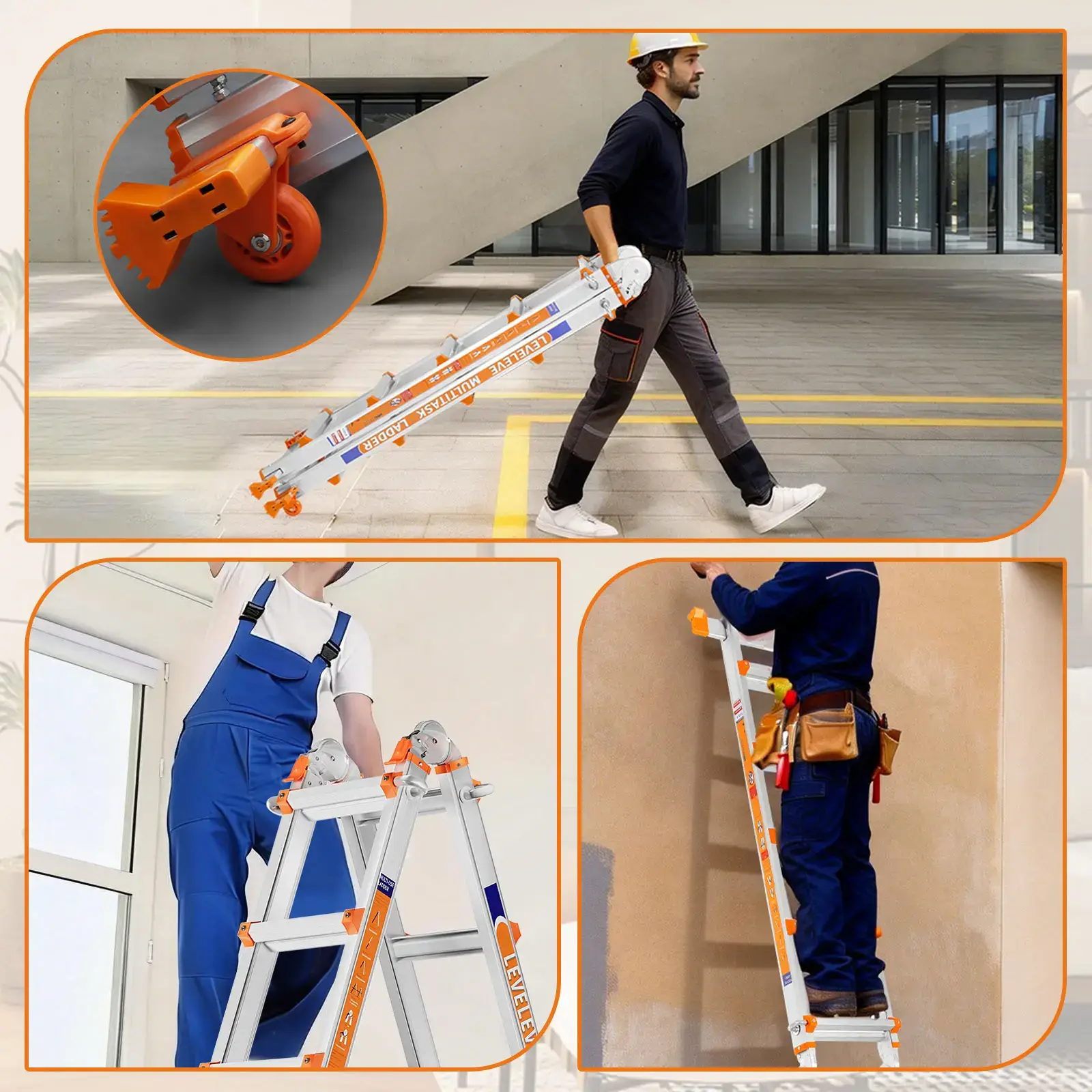 Multi-Position Extension Ladder, A-Frame Step Ladder with Stabilizer Bar & Wheels, 330LBS Security Load, Safe for Stairs, Home, Indoor, Outdoor & Roof Work