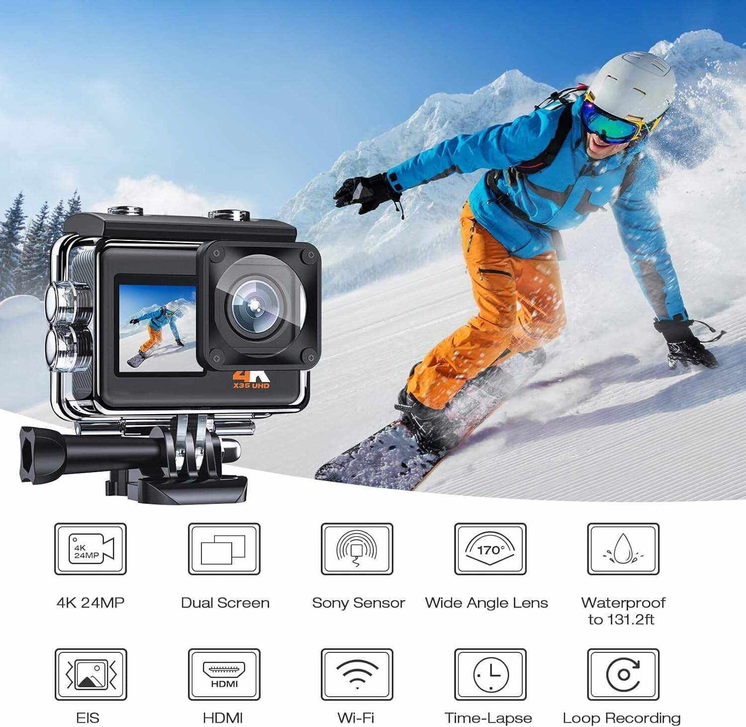 Underwater Camera,24MP 40m WiFi Dual Color Screen Action Camera 4K For Snorkeling Sports,Waterproof Camera with Bike Helmet,EIS Stabilization,170° Wide Angle,4X Zoom,2 Batteries and Mounting Kits