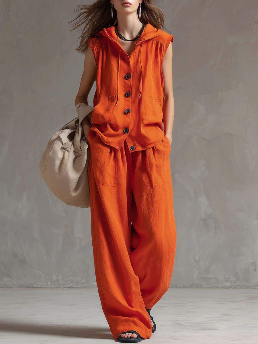 🔥Summer Arrivals🌟Women's Solid Color Sleeveless Casual Loose Hooded Top and High-Waisted Wide-Leg Cotton Set