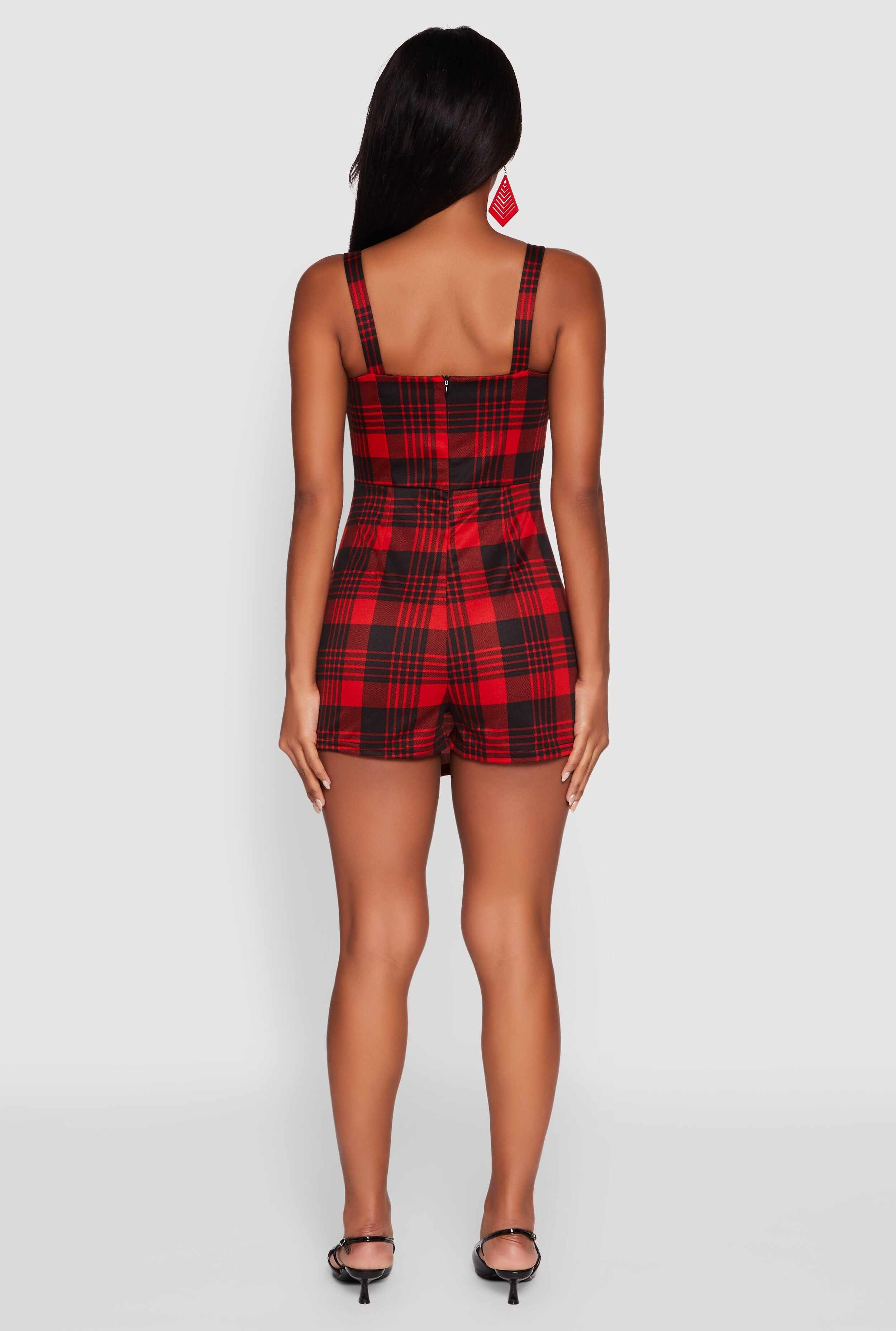 Trendy Plaid Ponte Sleeveless Romper with Zip Back