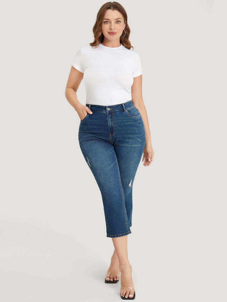 Very Stretchy High Rise Medium Wash Ripped Detail Cropped Jeans