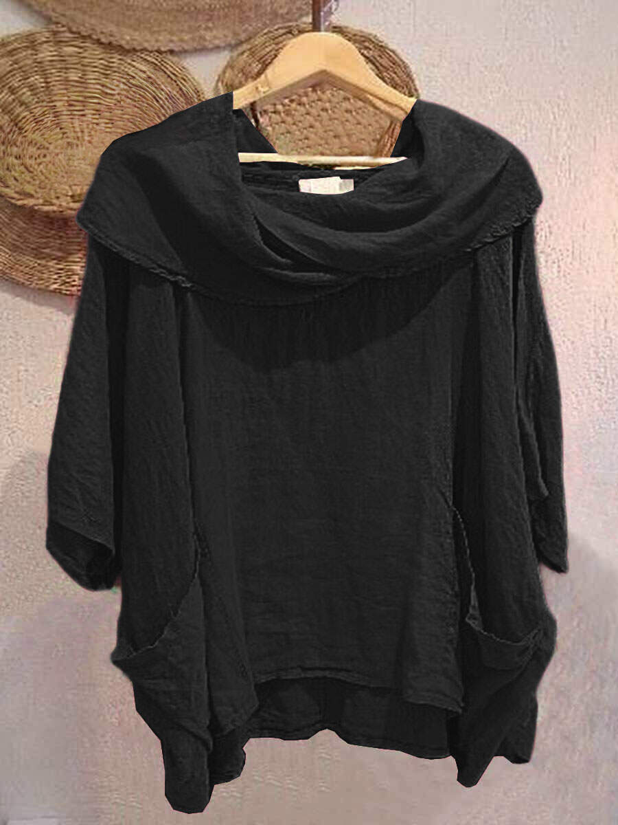 🔥Summer Arrivals🌟Women's Solid Color Draped Neck 3/4 Sleeve Comfortable Casual Linen Pocket Top