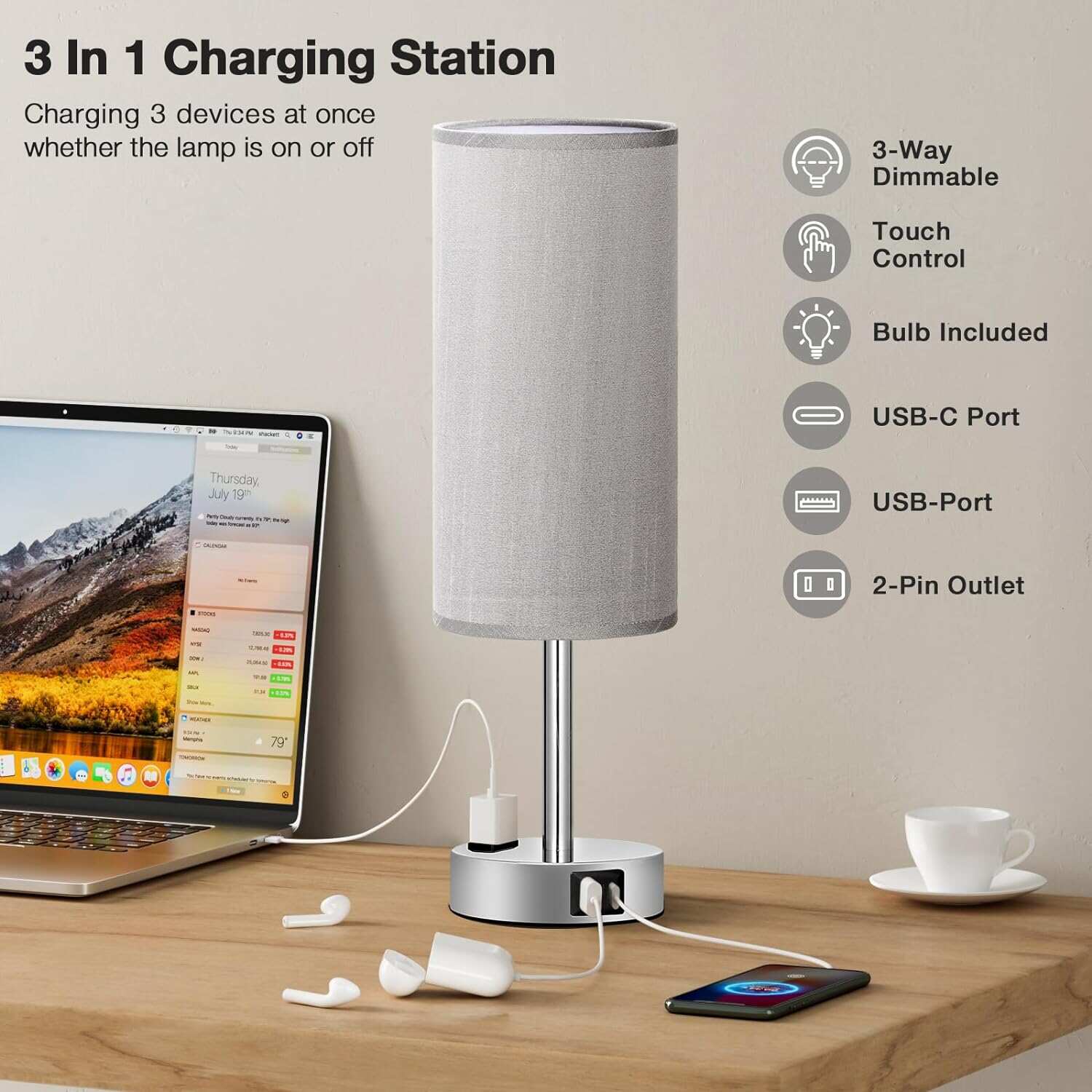 Bedside Table Lamp for Bedroom - 3 Way Dimmable Touch Lamp USB C Charging Ports and AC Outlet, Small Lamp Wood Base Round Flaxen Fabric Shade for Living Room, Desk, LED Bulb Included