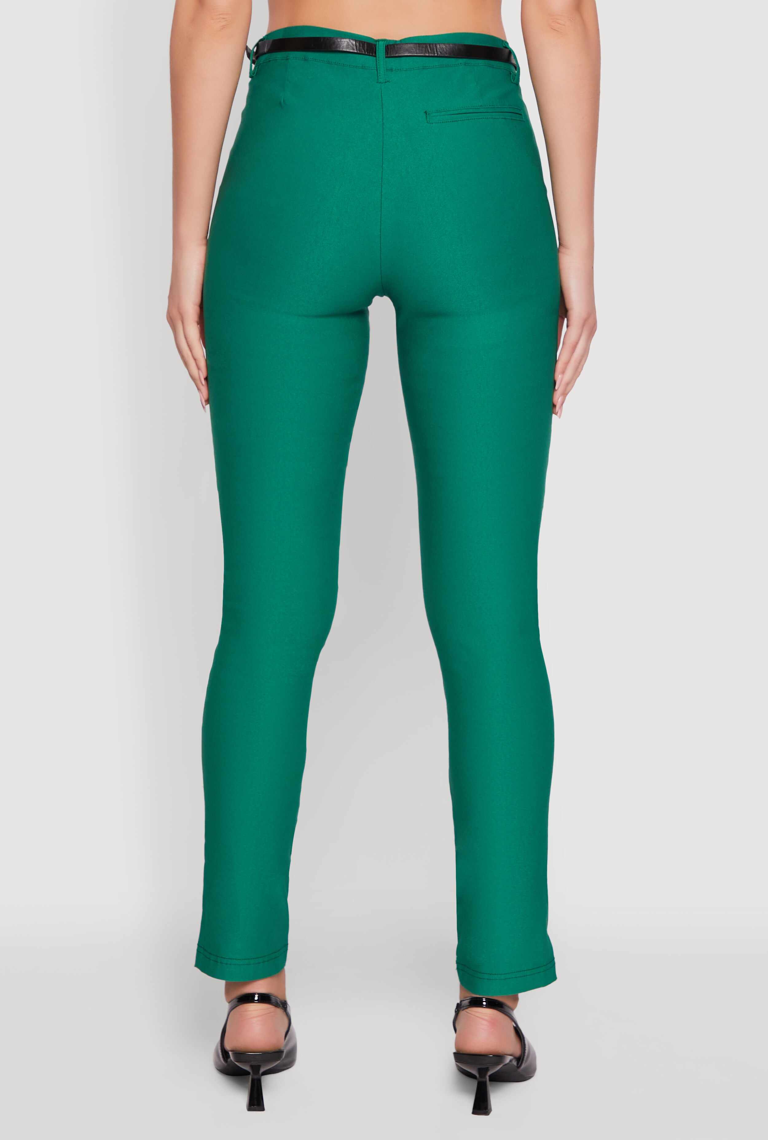 Skinny Leg Solid Pants with Belt