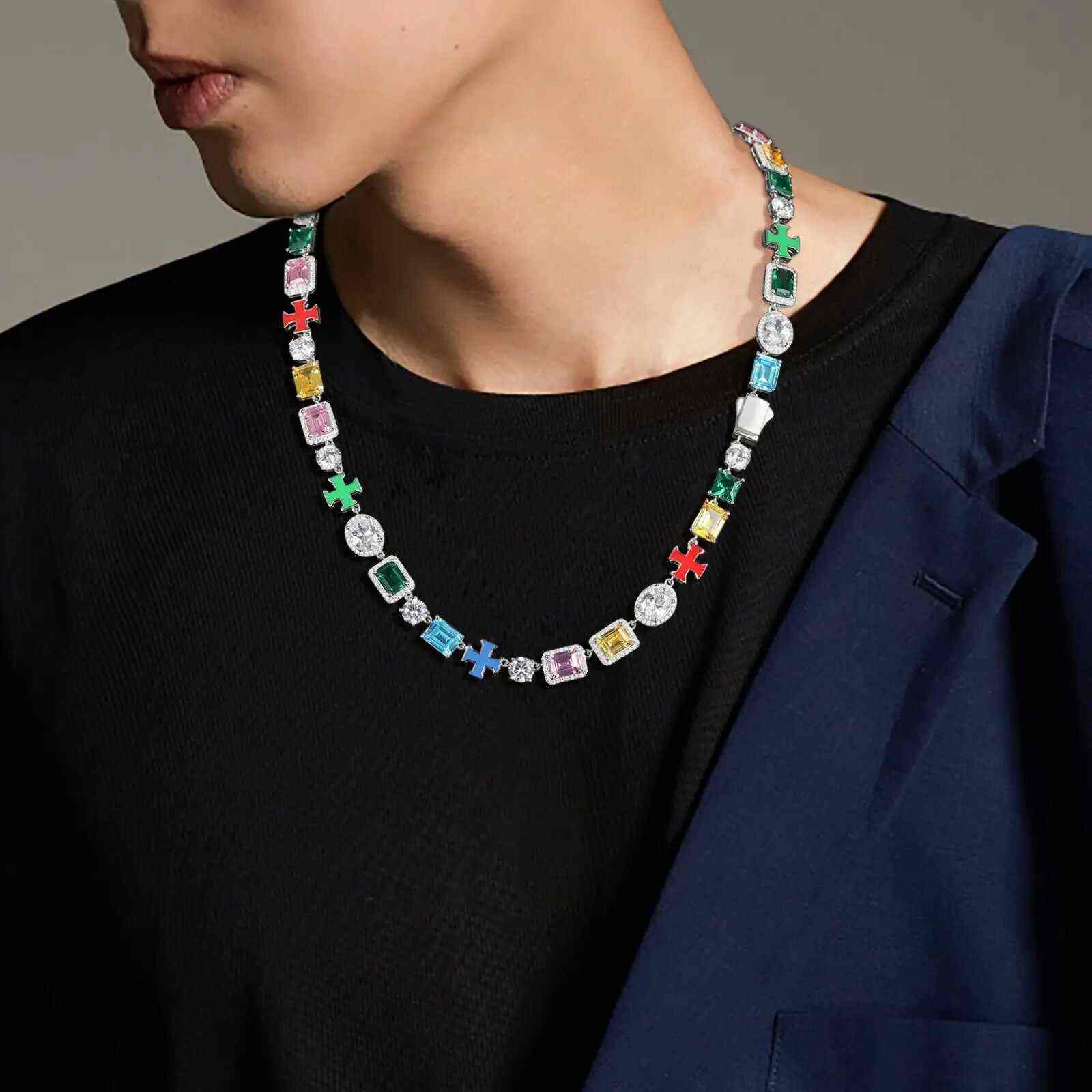 TestTest 10mm S925 Moissanite Enamel Cross Colorful Gemstone Tennis Chain