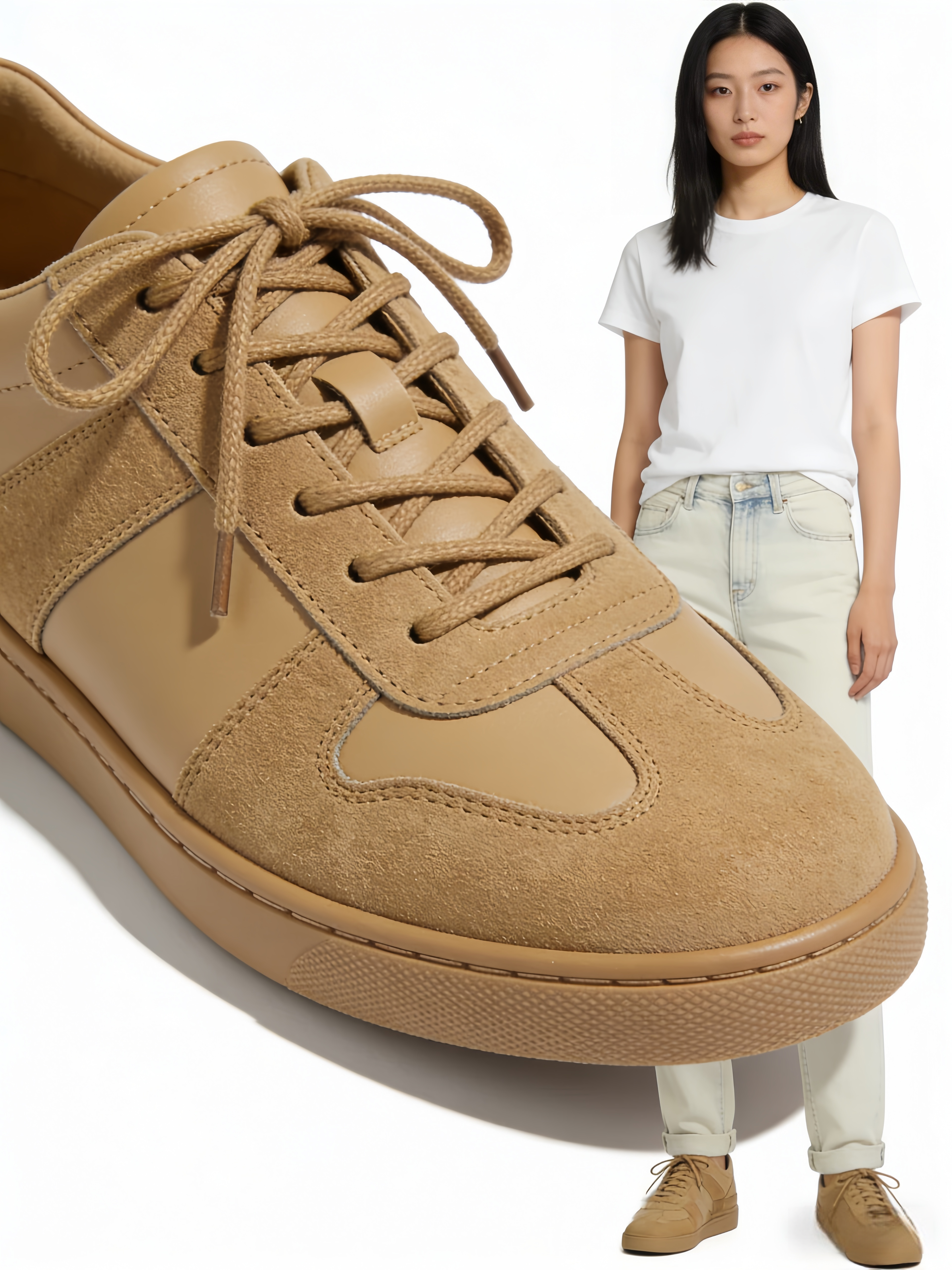 Casual Lace Up Splicing Flat Shoes Khaki Cowhide Leather