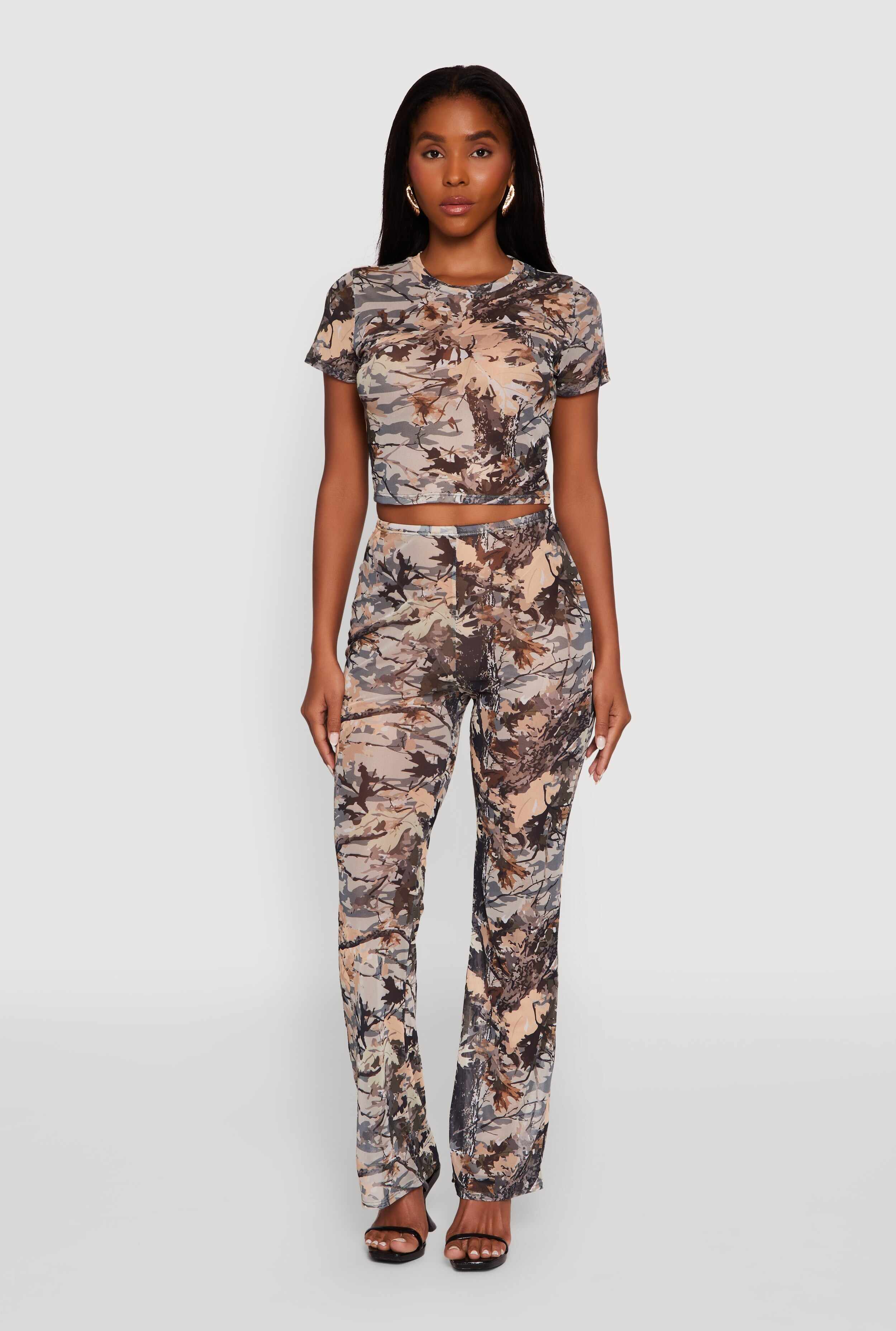 Camo Leaf Print Mesh Casual Pants