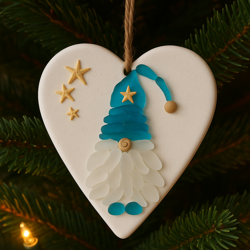 Handcrafted Sea Glass Gnome Heart Ornament