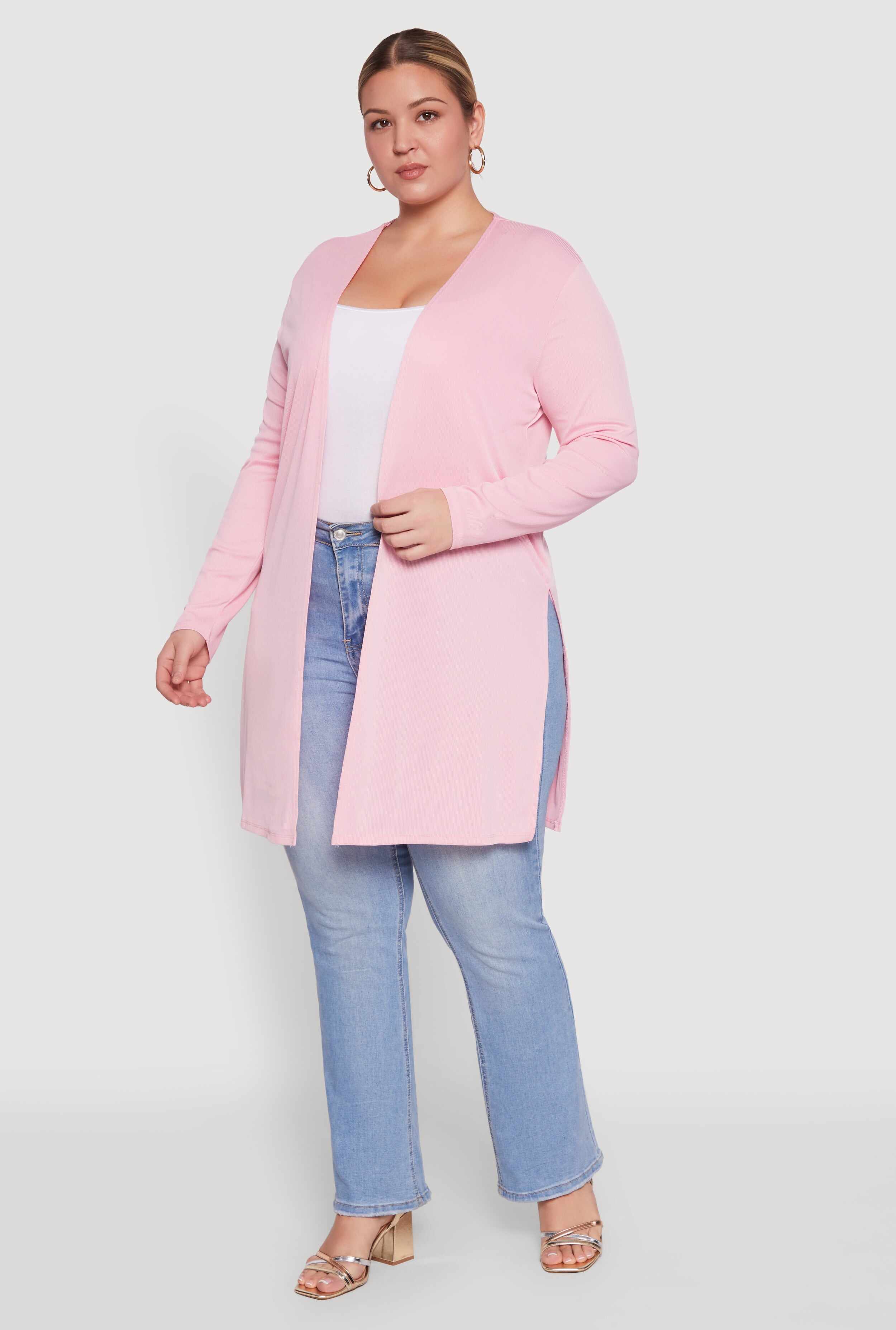 Plus Size Rib Knit Long Sleeve Duster