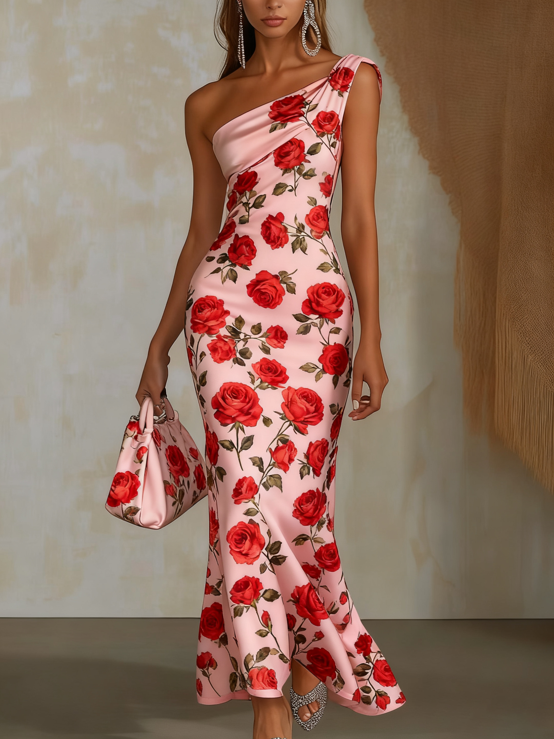 One shoulder print satin maxi dress