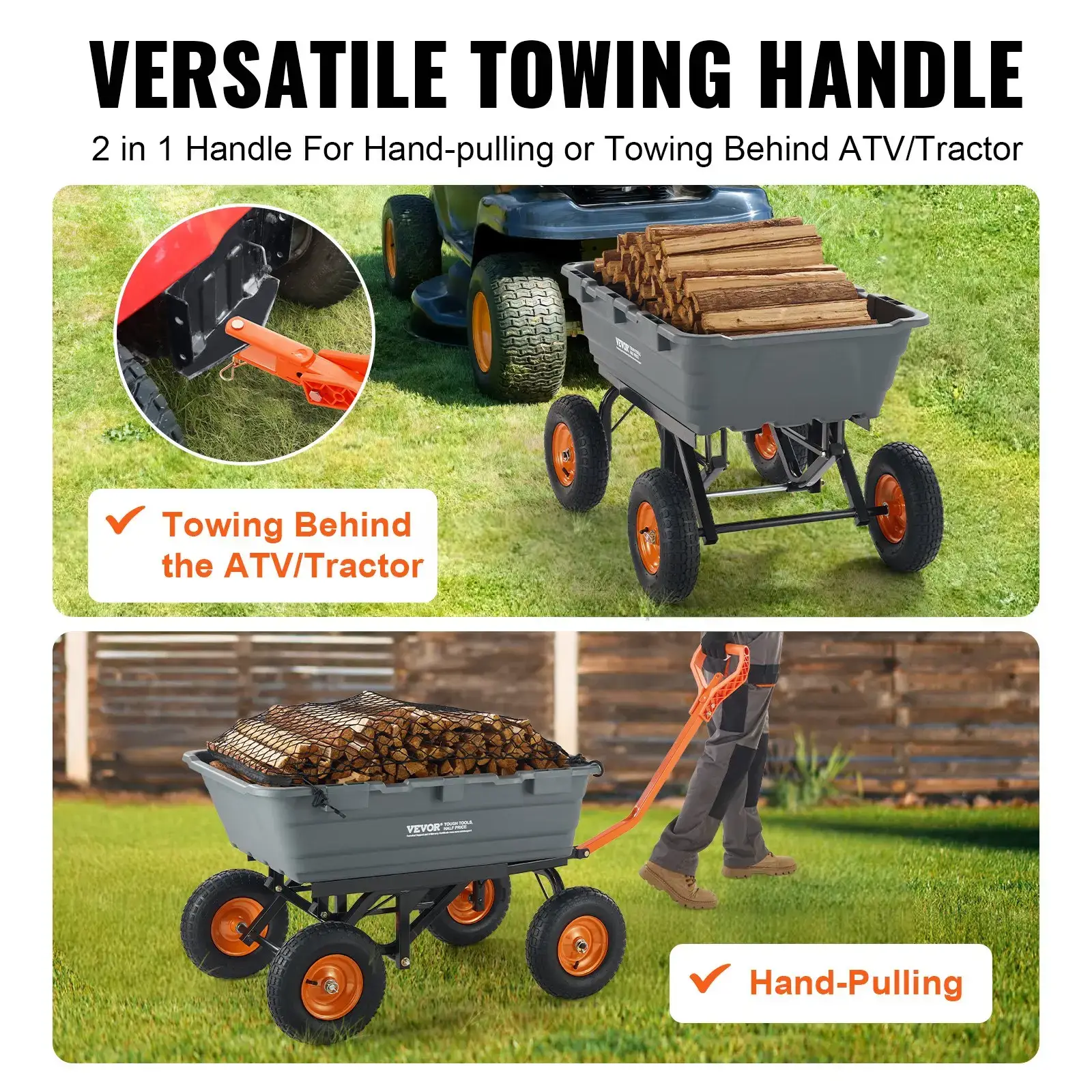 VEVOR Poly Garden Dump Cart with Easy to Assemble Steel Frame, TikTokShopBlackFriday, 2-in-1 Convertible Handle, 13 Inch Tires, Max Capacity 1500 lbs, Utility Wheelbarrow Productivity Yard