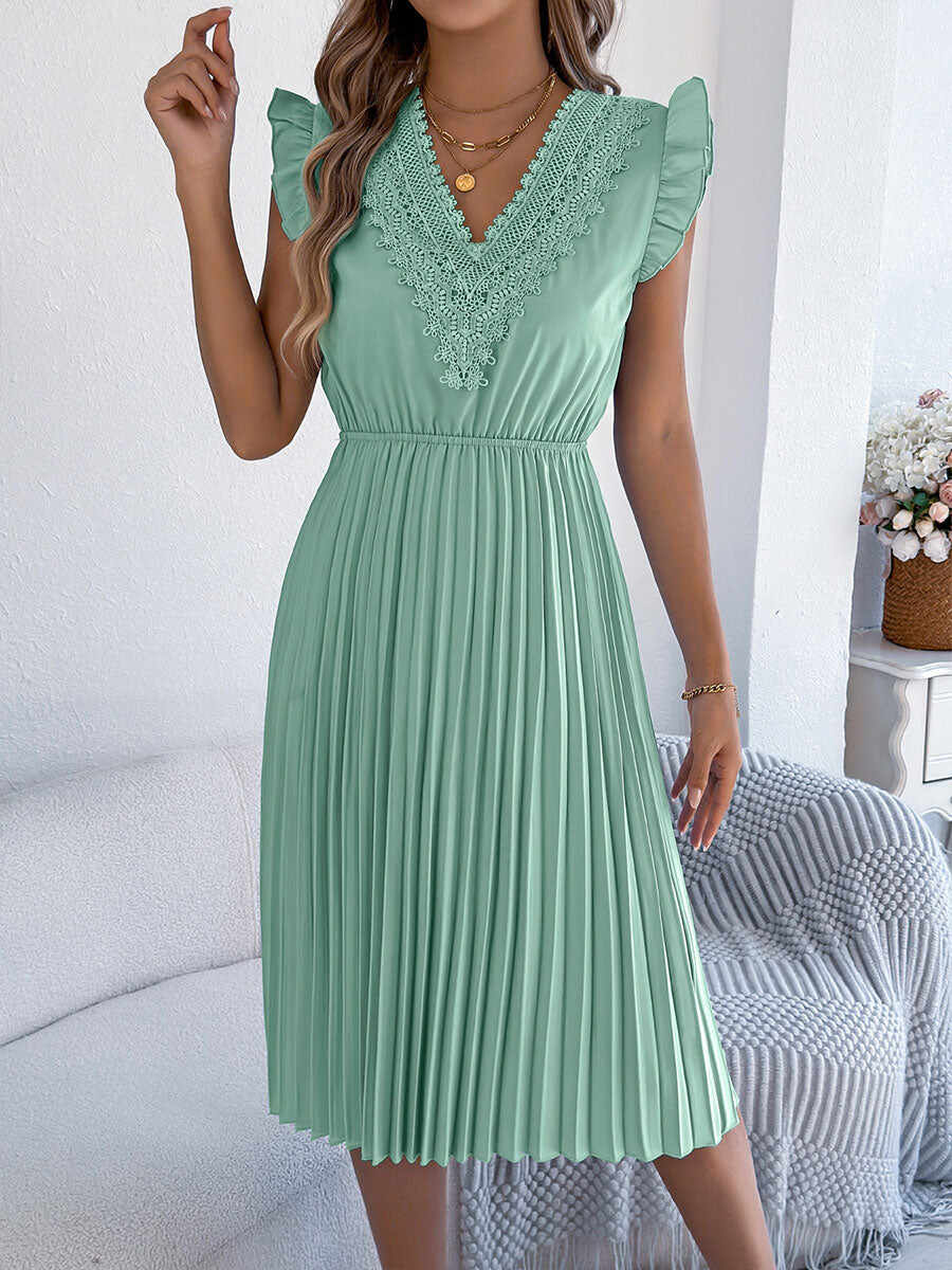 🔥Summer Arrivals🌟Women's Casual Lace V-neck Ruffled Pleated Dress
