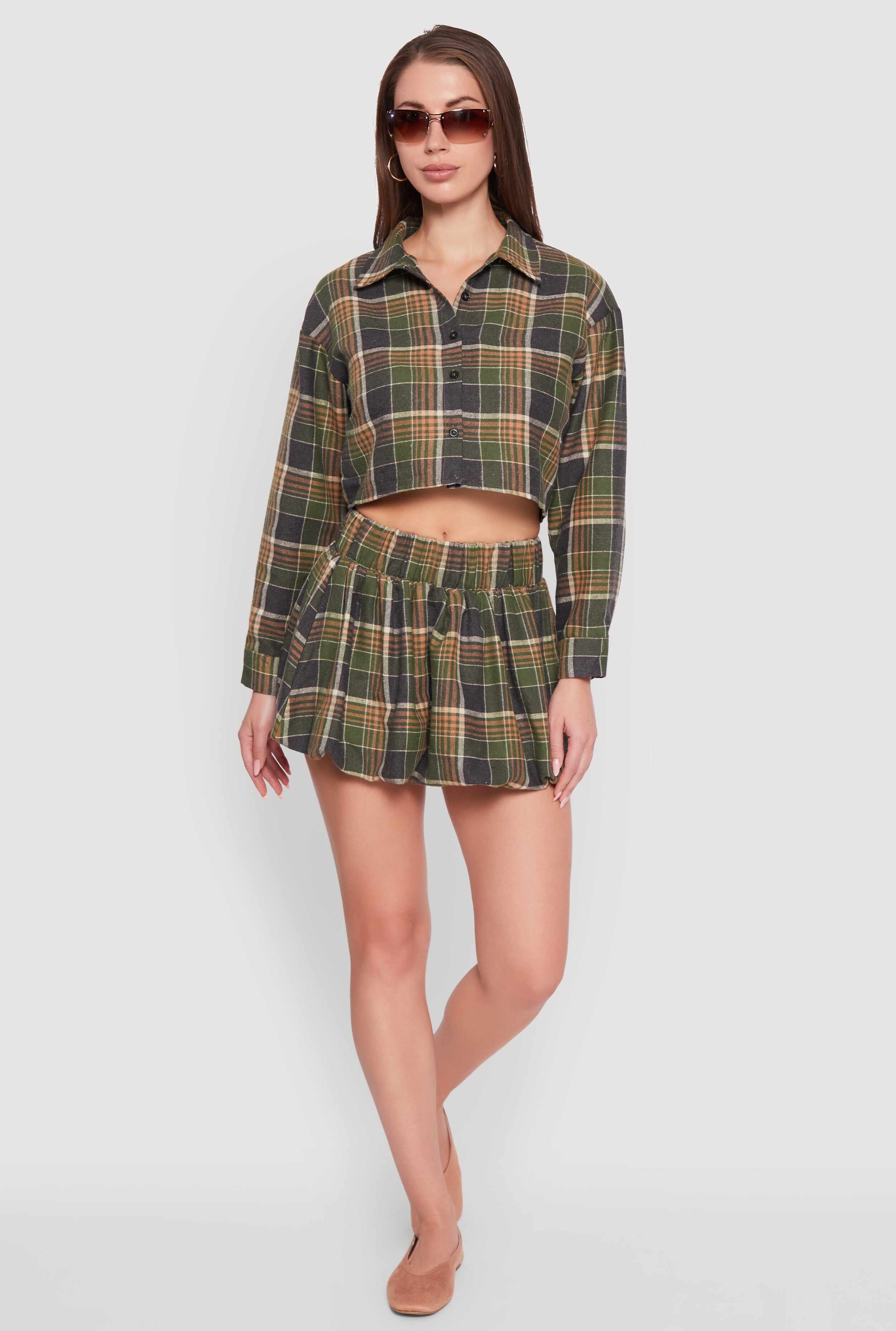 Plaid Flannel Cropped Long Sleeve Shirt