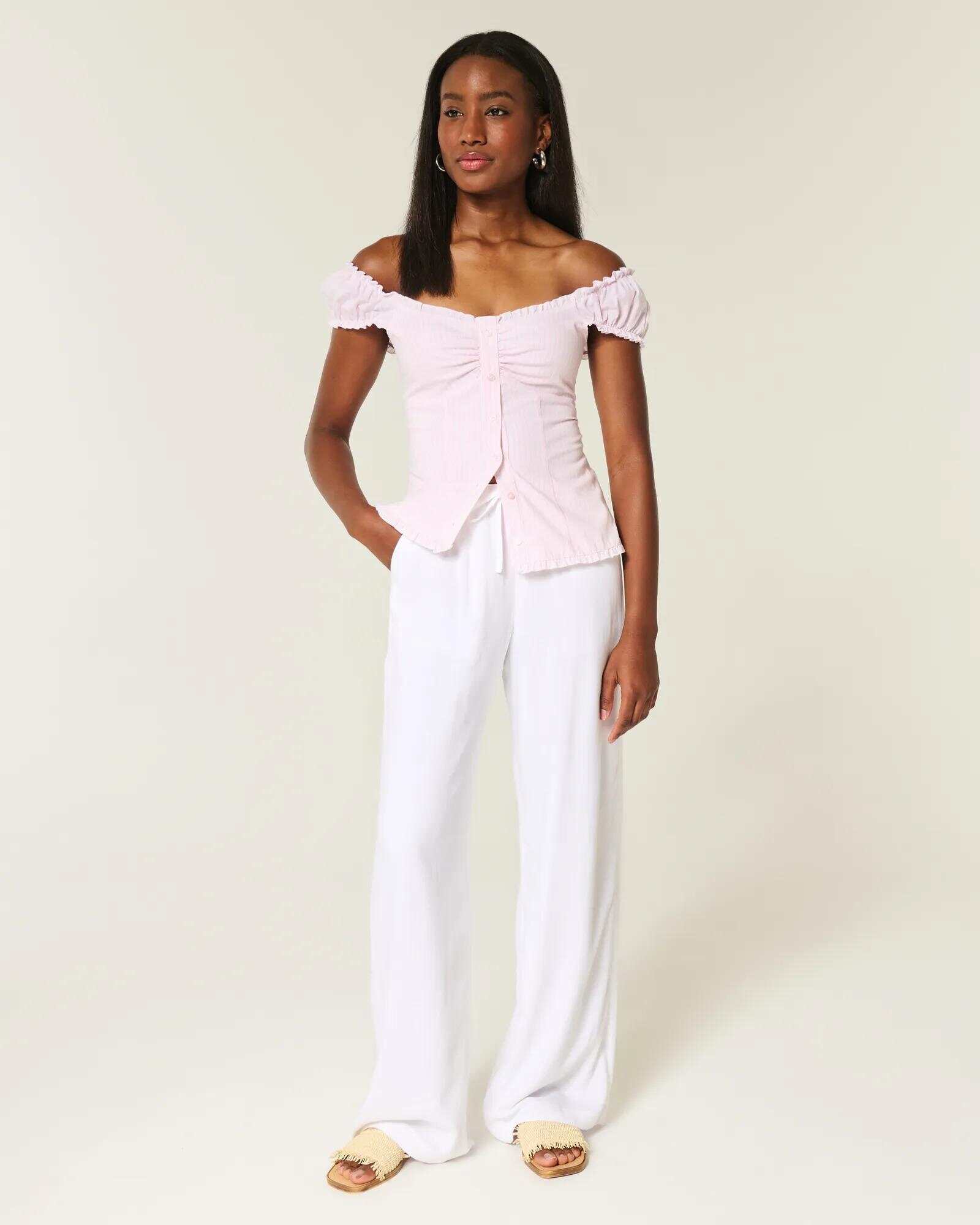 Linen-Blend Tie-Front Peplum Top