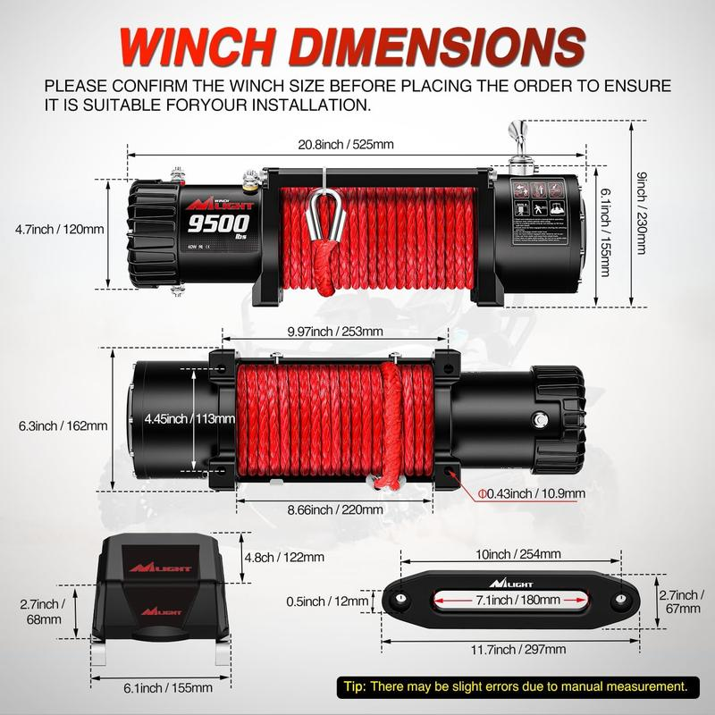 Electric Winch 12V Waterproof IP68 Towing Winches for Trailer Jeep ATV UTV Truck SUV 9500 LBS Portable Badlands Winch with Synthetic Rope Hawse Fairlead Wired Handle Wireless Remote Red Rope