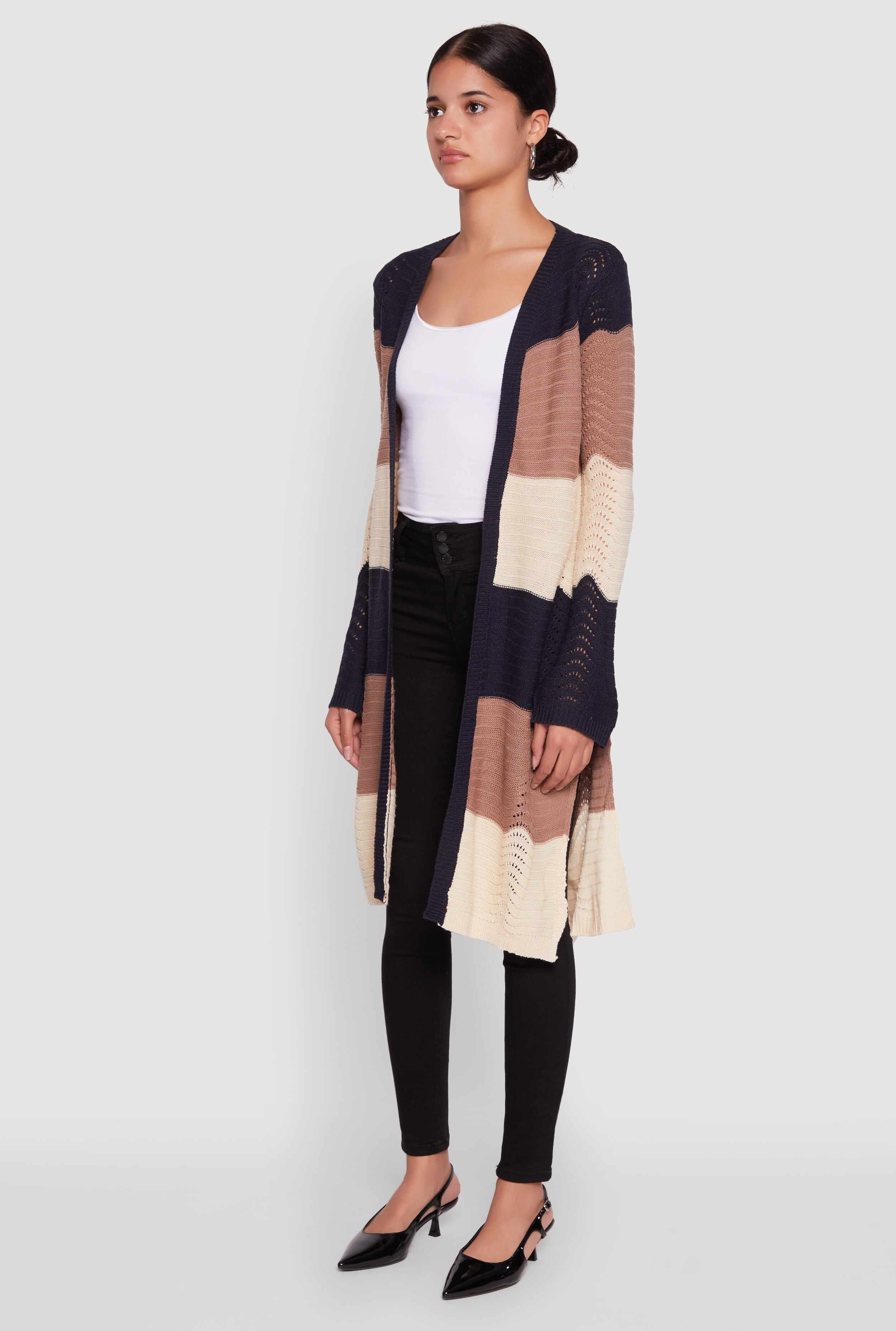 Trendy Crochet Color Block Long Sleeve Duster