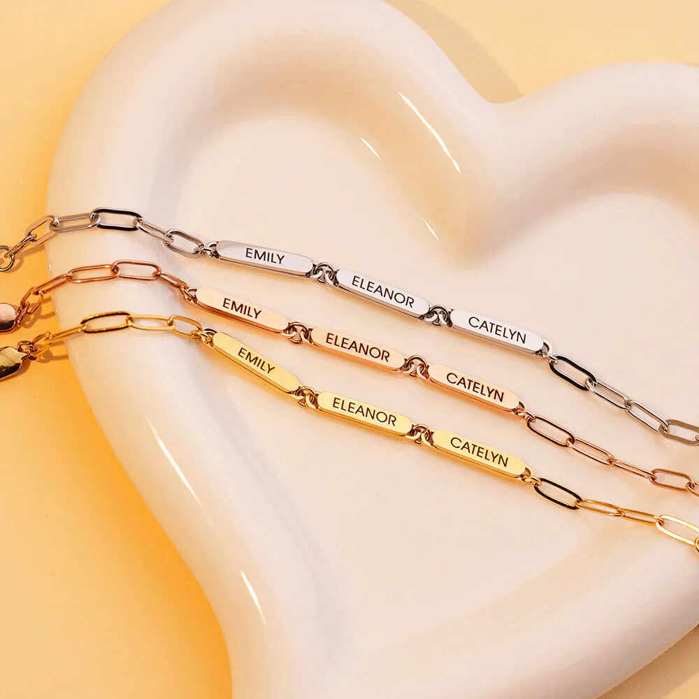 National Parents' Day❤Personalized Family Name Bar Bracelet Engraved Charm with a Dainty Paperclip Chain