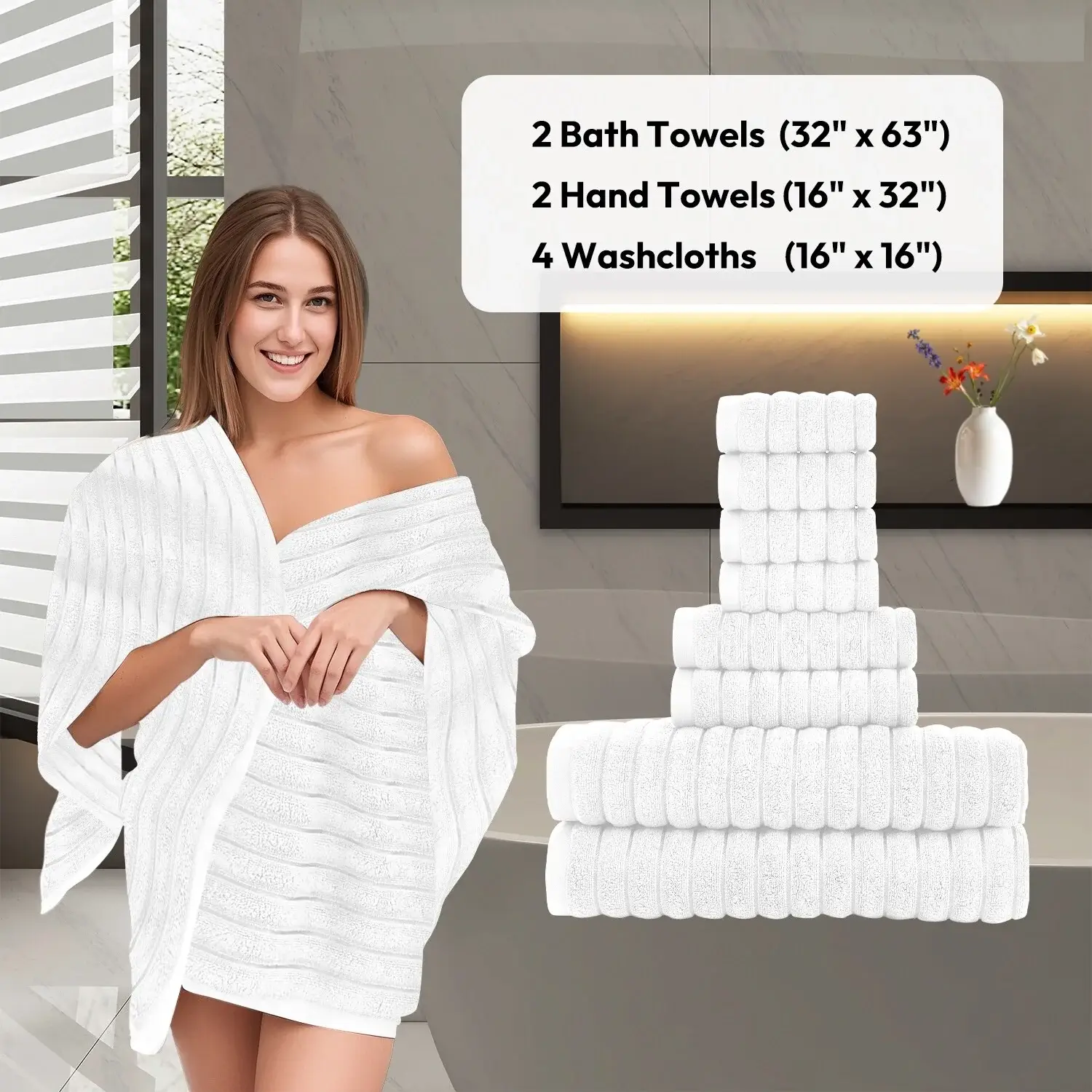 8 Piece Oversized Bath Towel Set, 100% Cotton Bath Towels, Highly Absorbant Bordered Towels