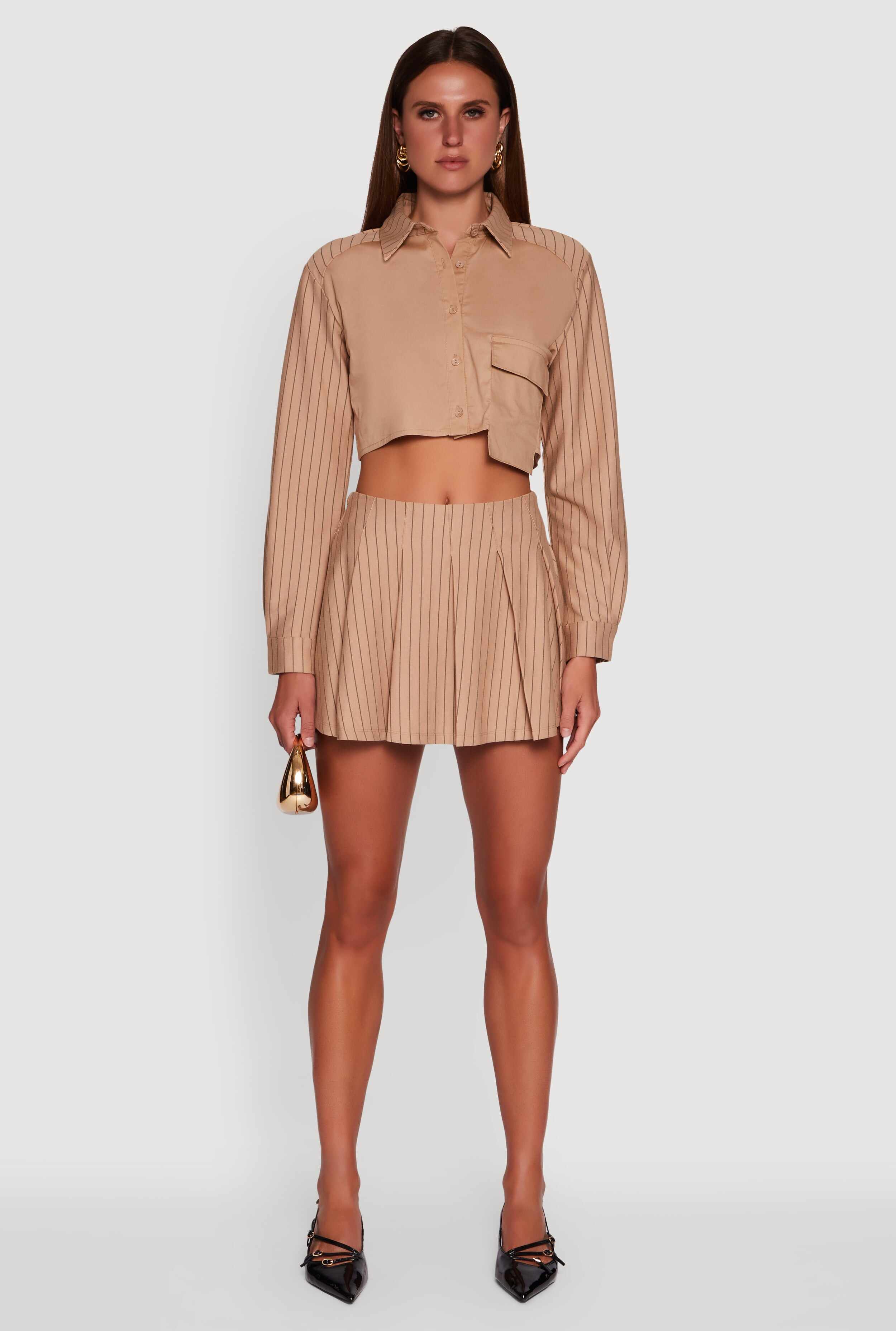 Trendy Pinstripe Detail Cropped Shirt with Flap Pocket