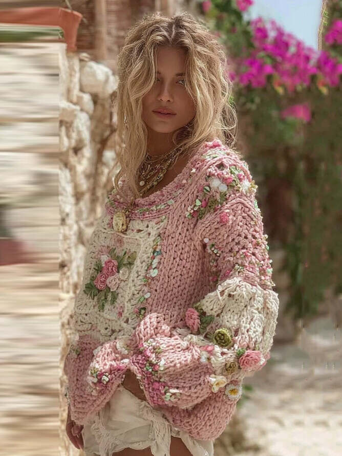 Women's Boho Rose Chunky Knit Crew Neck Sweater