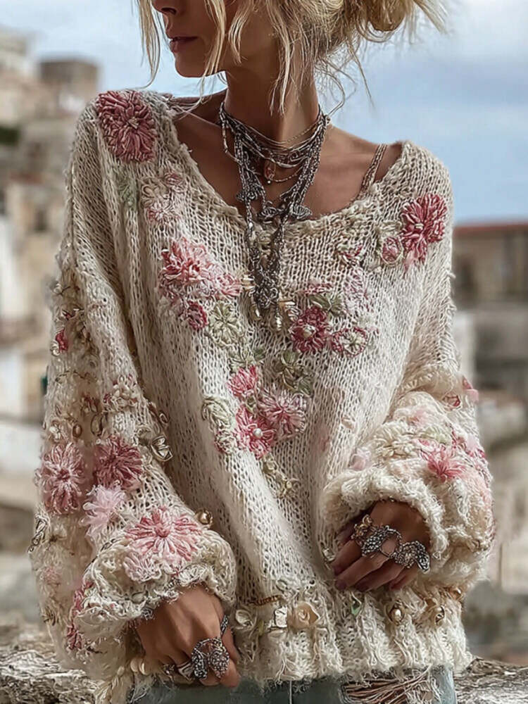 Women's Vintage Pink Flowers Embroidery Art Cozy Knit Sweater