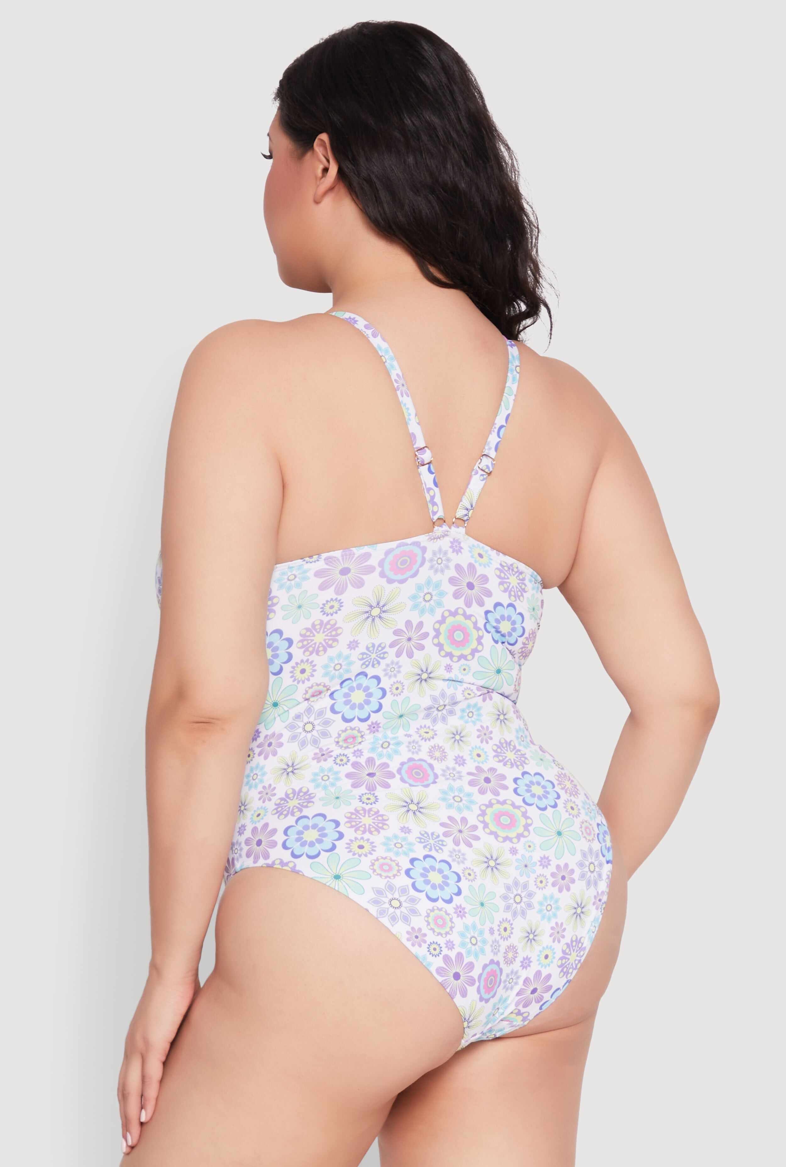 Plus Size Retro Floral V Neck One Piece Swimsuit