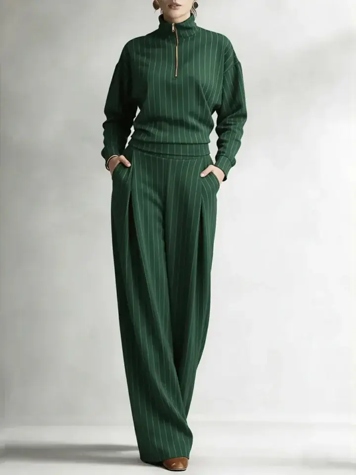 🔥Summer Arrivals🌟Women's Striped Stretch Cotton Half-zip Top And Wide-leg Pants Two-piece Set