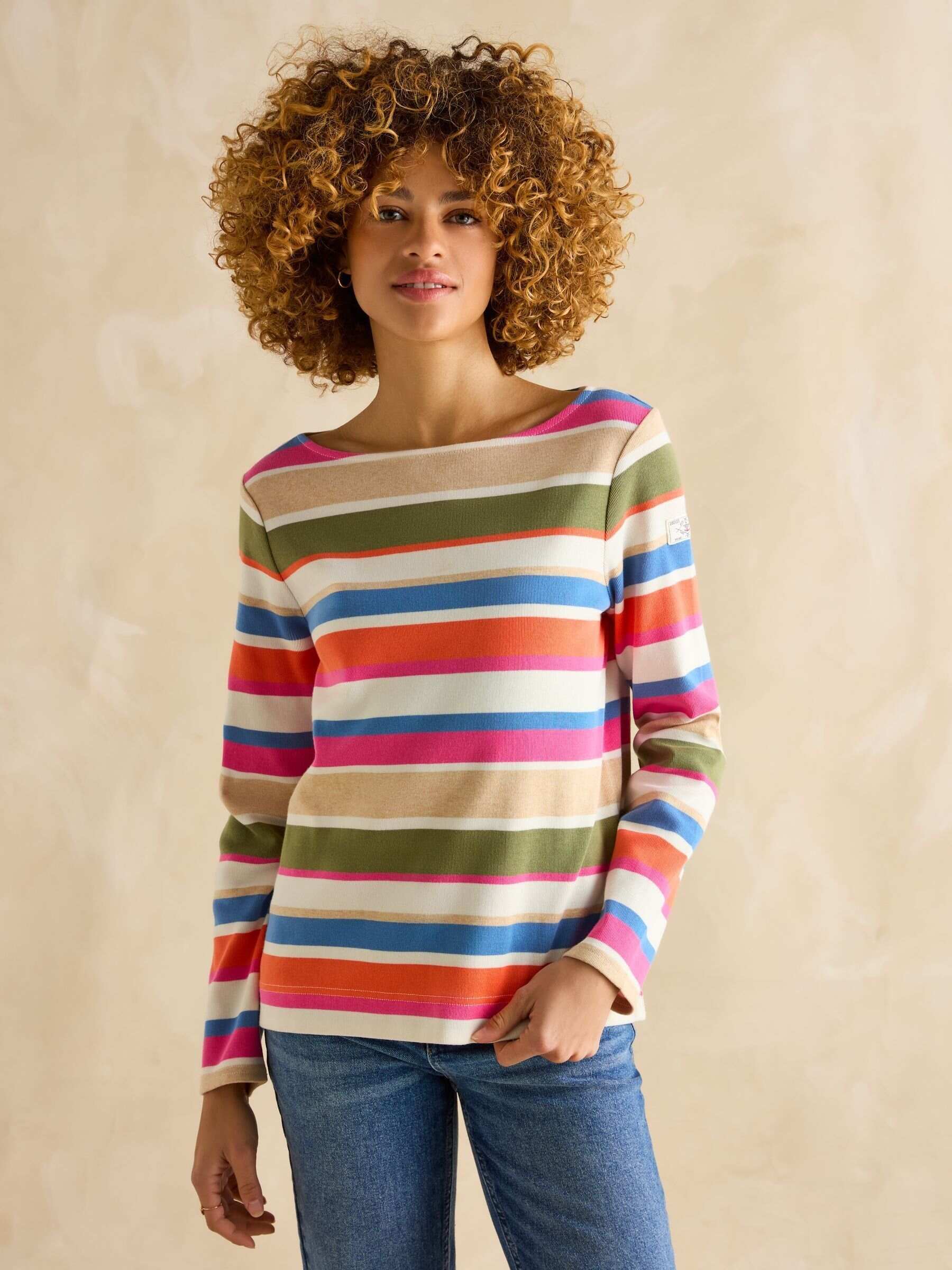Harbour Green & Pink Elevated Stripe Pastel Boat Neck Breton Top