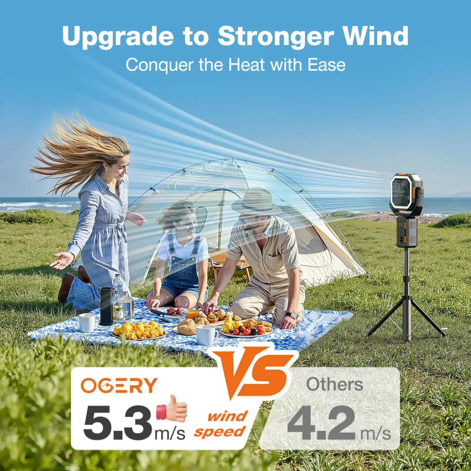 4 in 1 Cordless Camping Fan, 30000mAh Rechargeable Fan with Detachable Tripod, LED Lights & 270° Pivot, Remote Control Oscillating Portable Fan for Tent Travel Bedroom