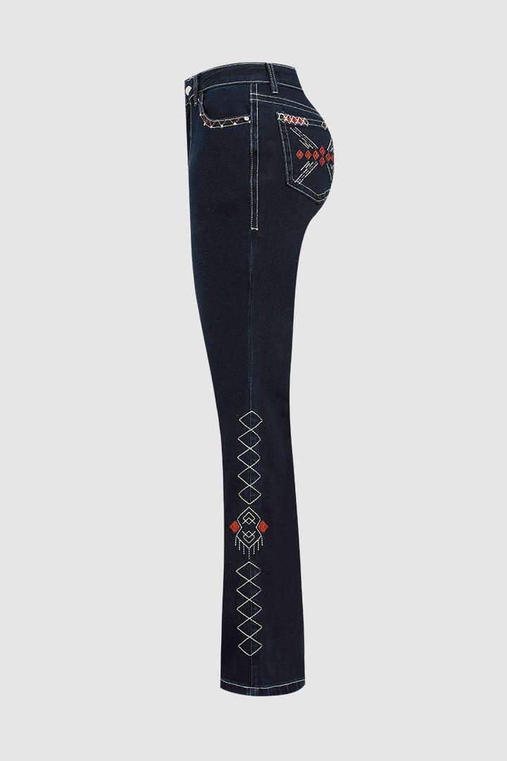 Wash Geo Embroidery Rhinestone Decor Mid Rise Bootcut Jeans Without Belt