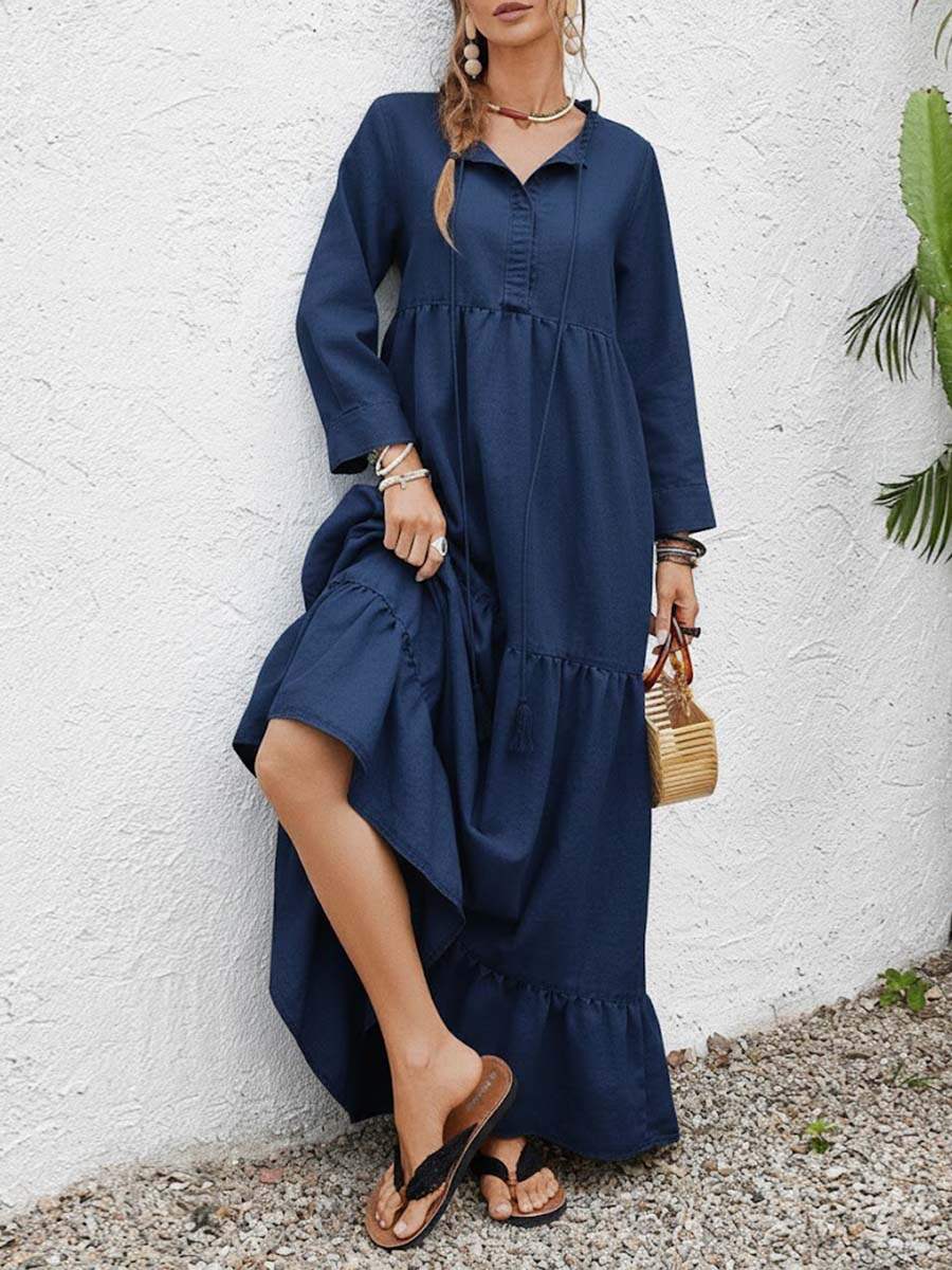 🔥Summer Arrivals🌟Women's Solid Color Round Neck Long Sleeve Casual Loose Cotton Linen Dress