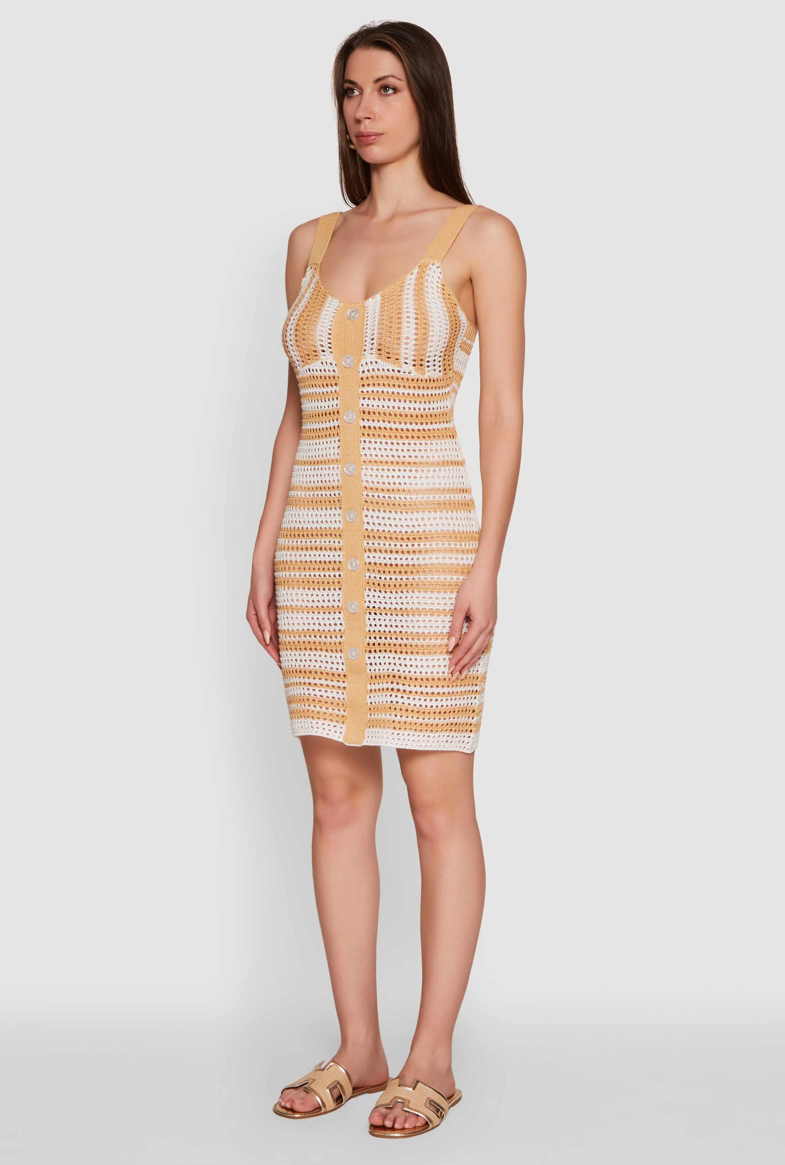 Trendy Striped Crochet V-Neck Sleeveless Sundress with Faux Buttons
