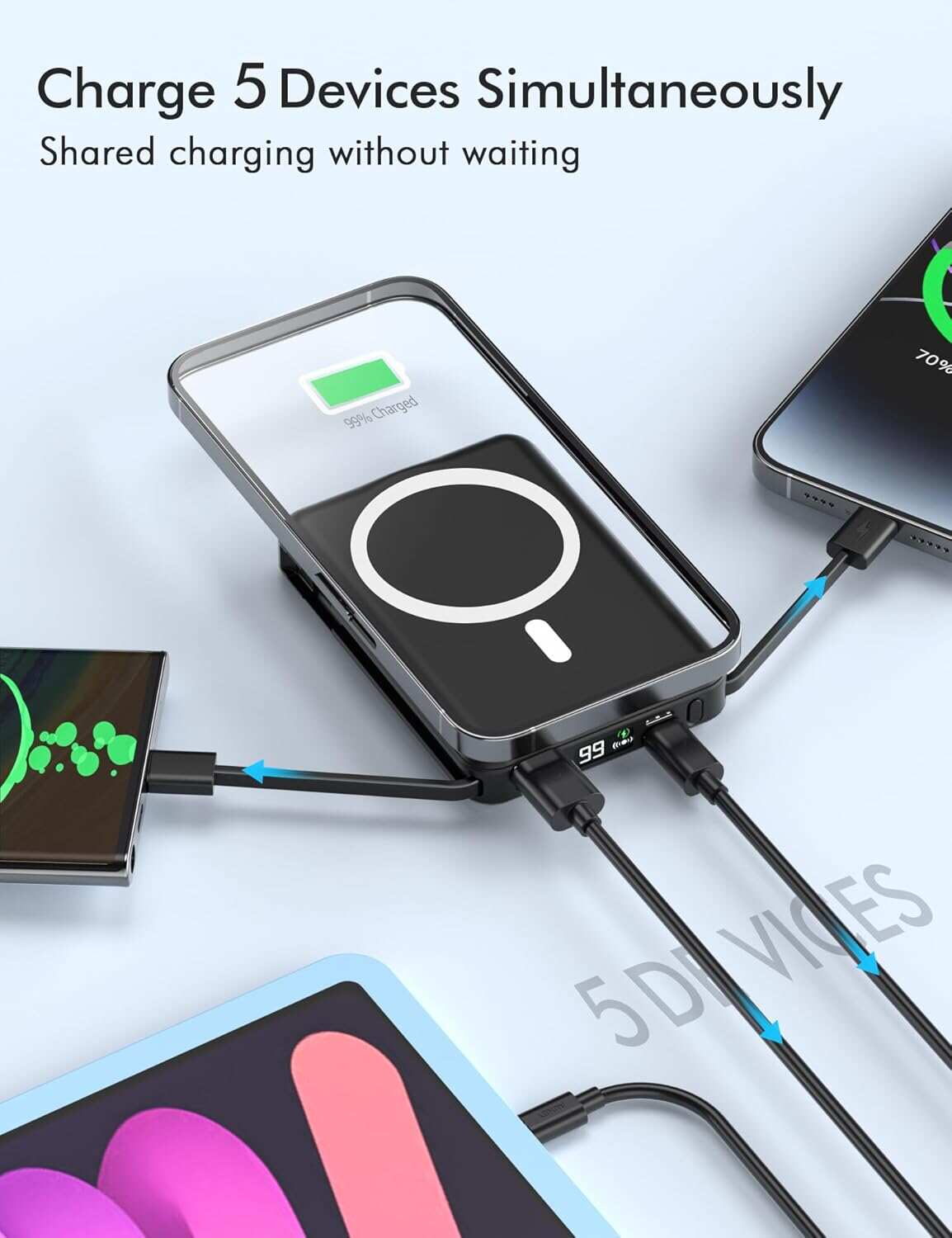 podoru Wireless Portable Charger, 10000mAh Magnetic Power Bank Built-in USB-C Lighting Cables 22.5W PD Fast Charging LED Display Mag-Safe Battery Pack for iPhone 15/14/13/12/Mini/Pro/Pro Max - White