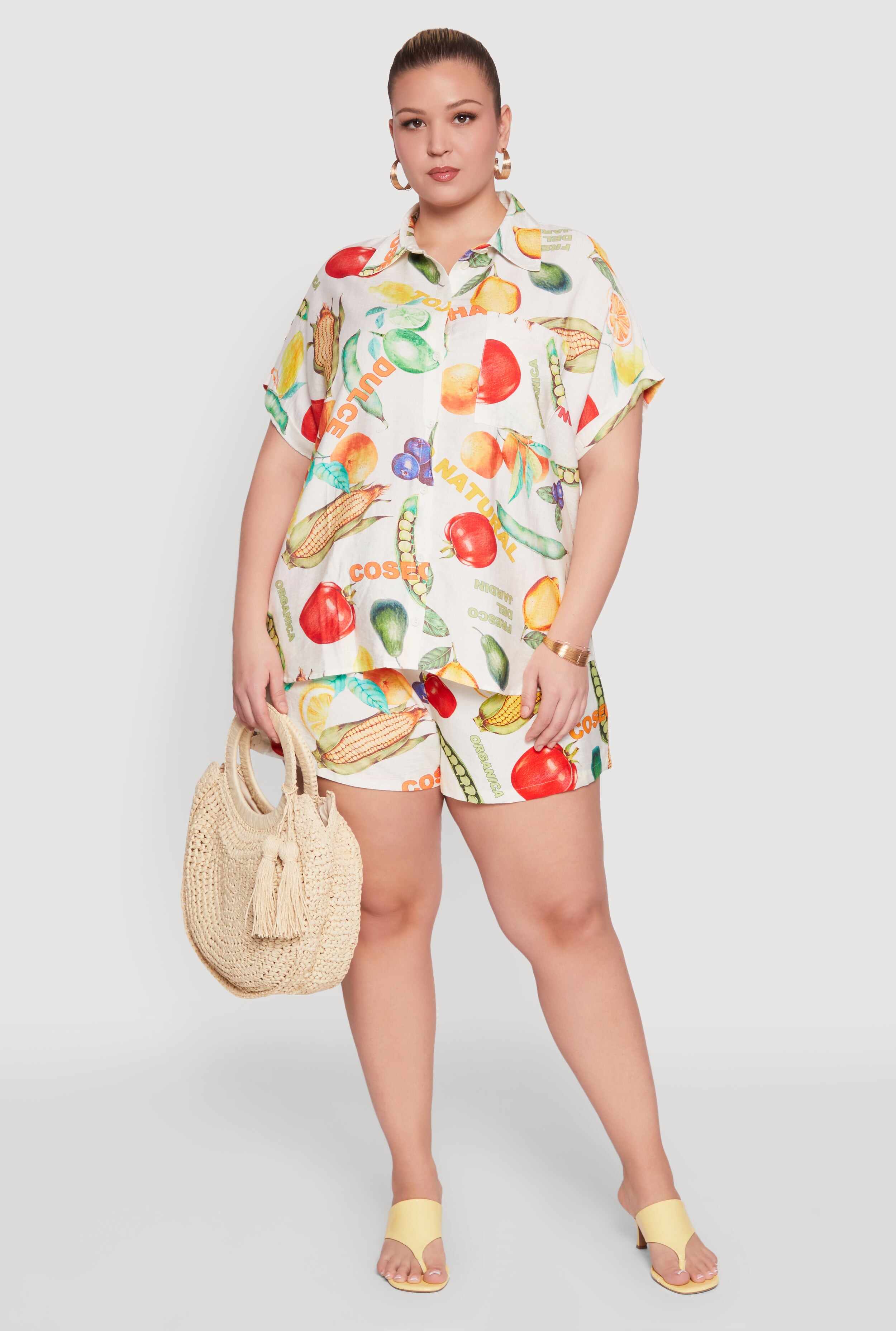 Plus Size Fruit Print Button Front Short Sleeve Shirt