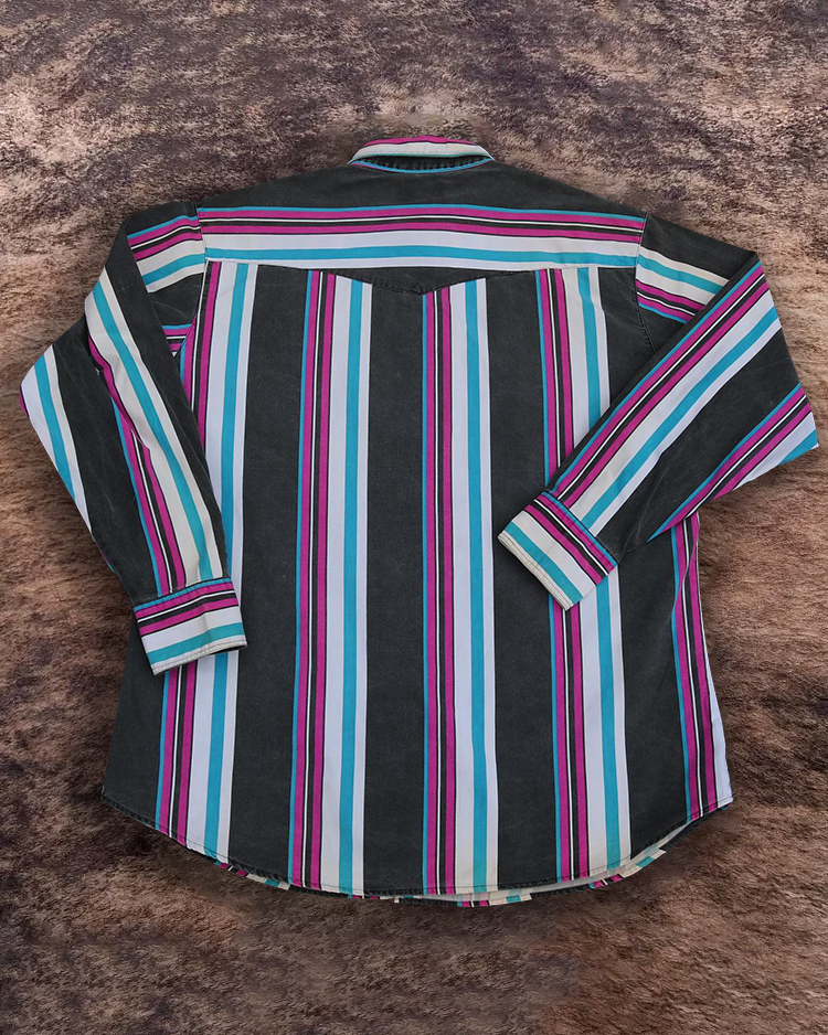 Men's Retro Casual Black and Pink Striped Shirt