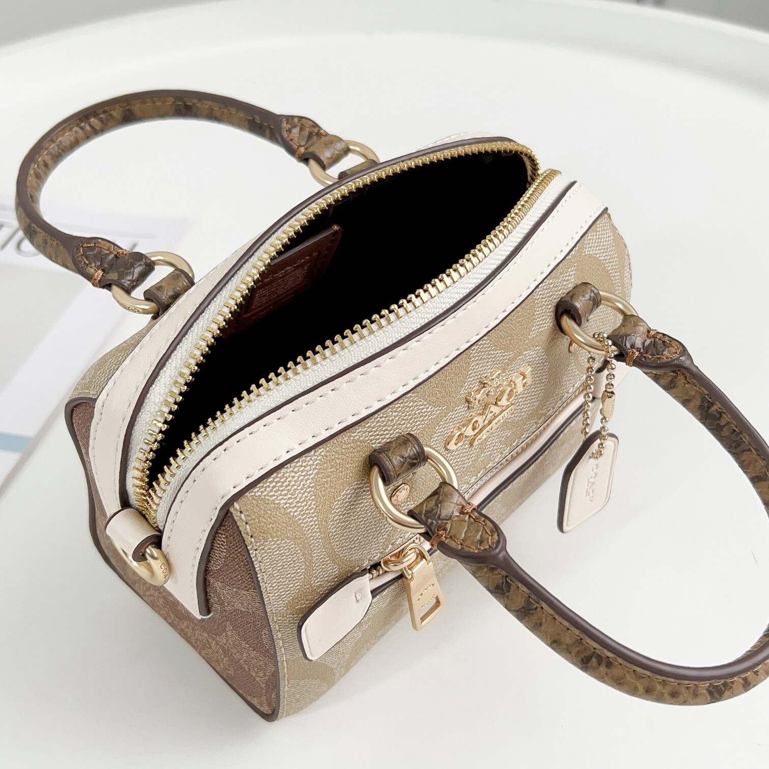 Mini Rowan Boston Bag – Signature Print with Leather Trim | Crossbody Shoulder Handbag with Removable Strap