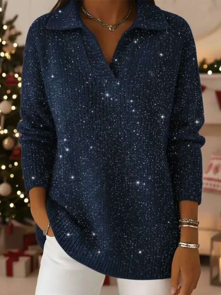🔥Summer Arrivals🌟Christmas Party Polo Collar Shiny Loose Sweater Top