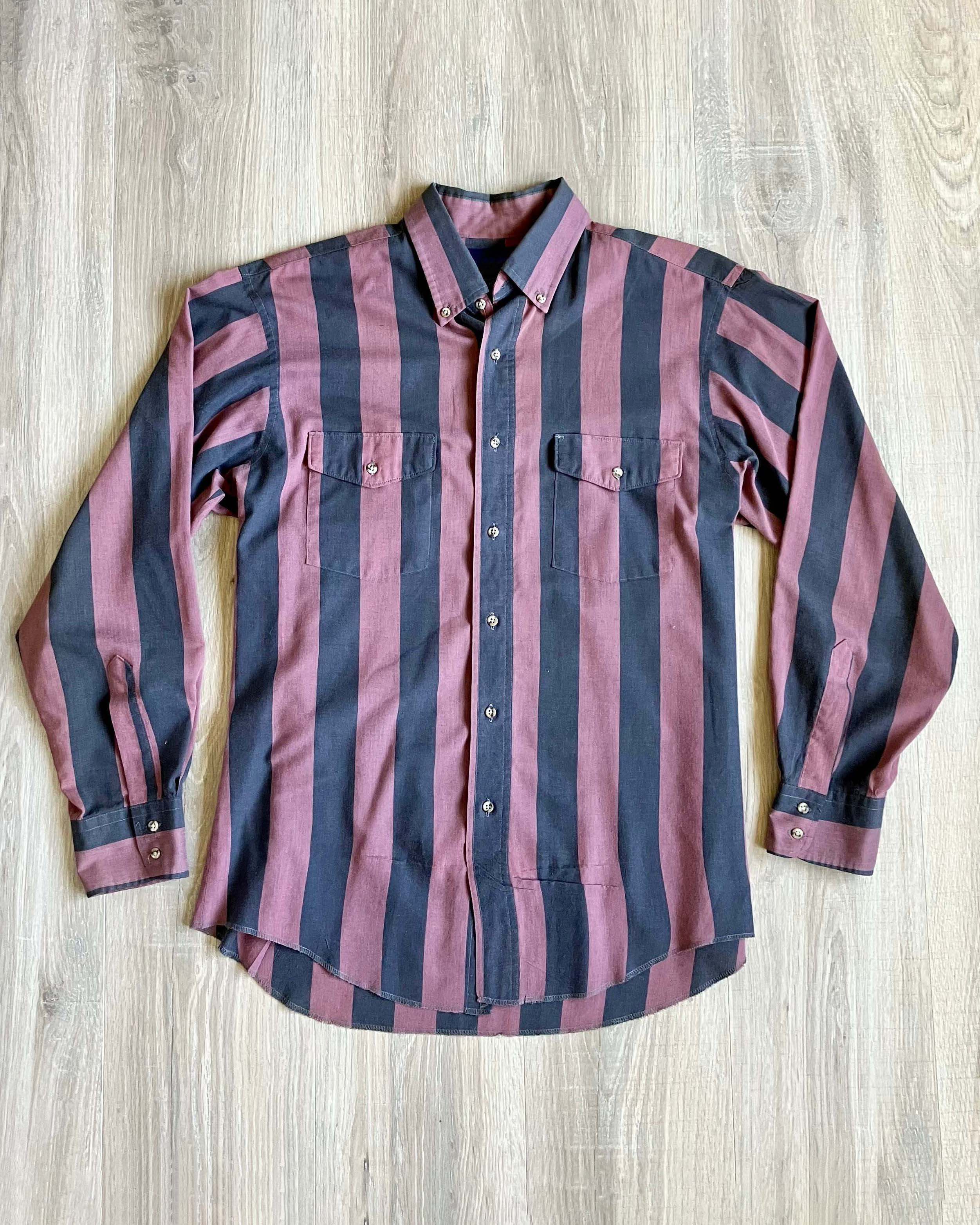 Men's Fashion Western Dark Blue Pink Striped Long Sleeve Shirt